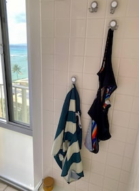 Bathroom view and plenty hooks to hang wet swimsuits
