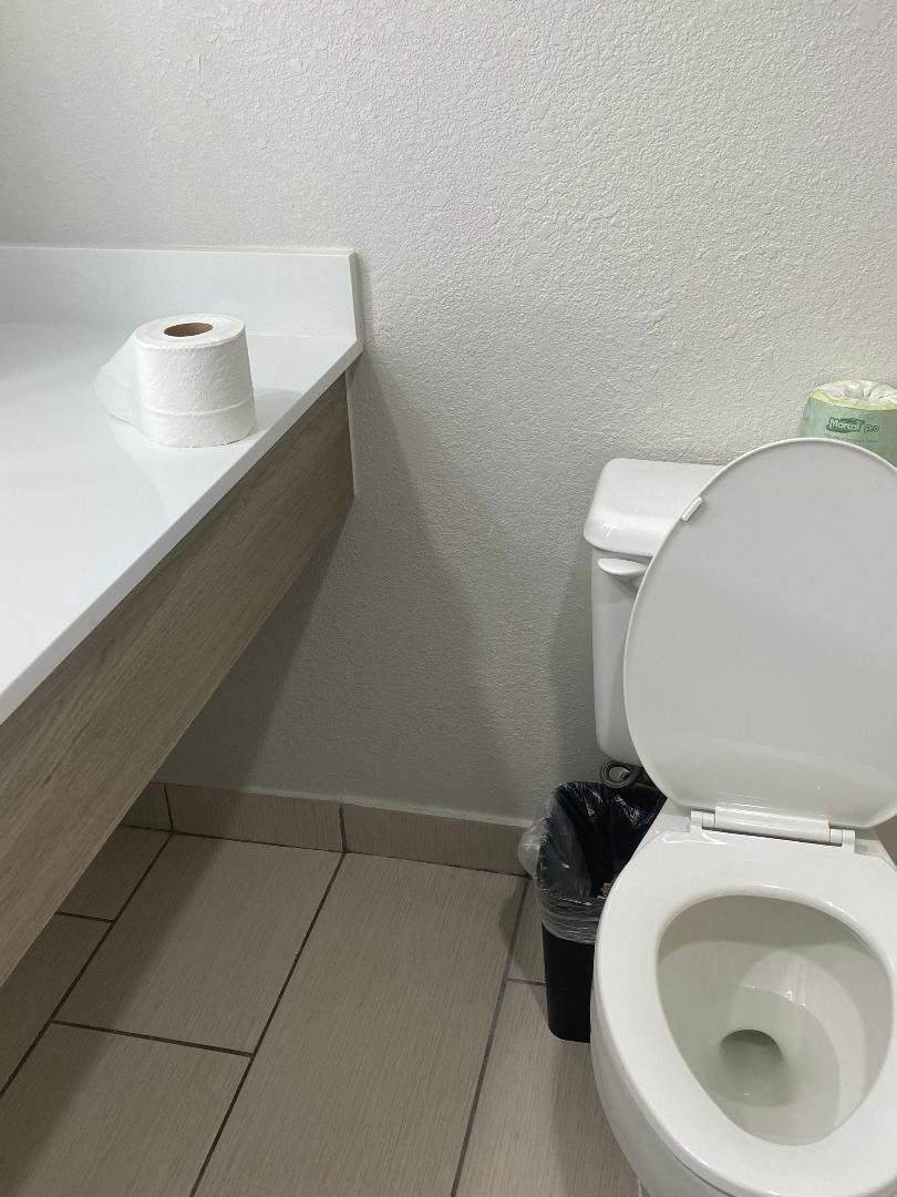 No toilet paper holder, roll of toilet paper left on sink