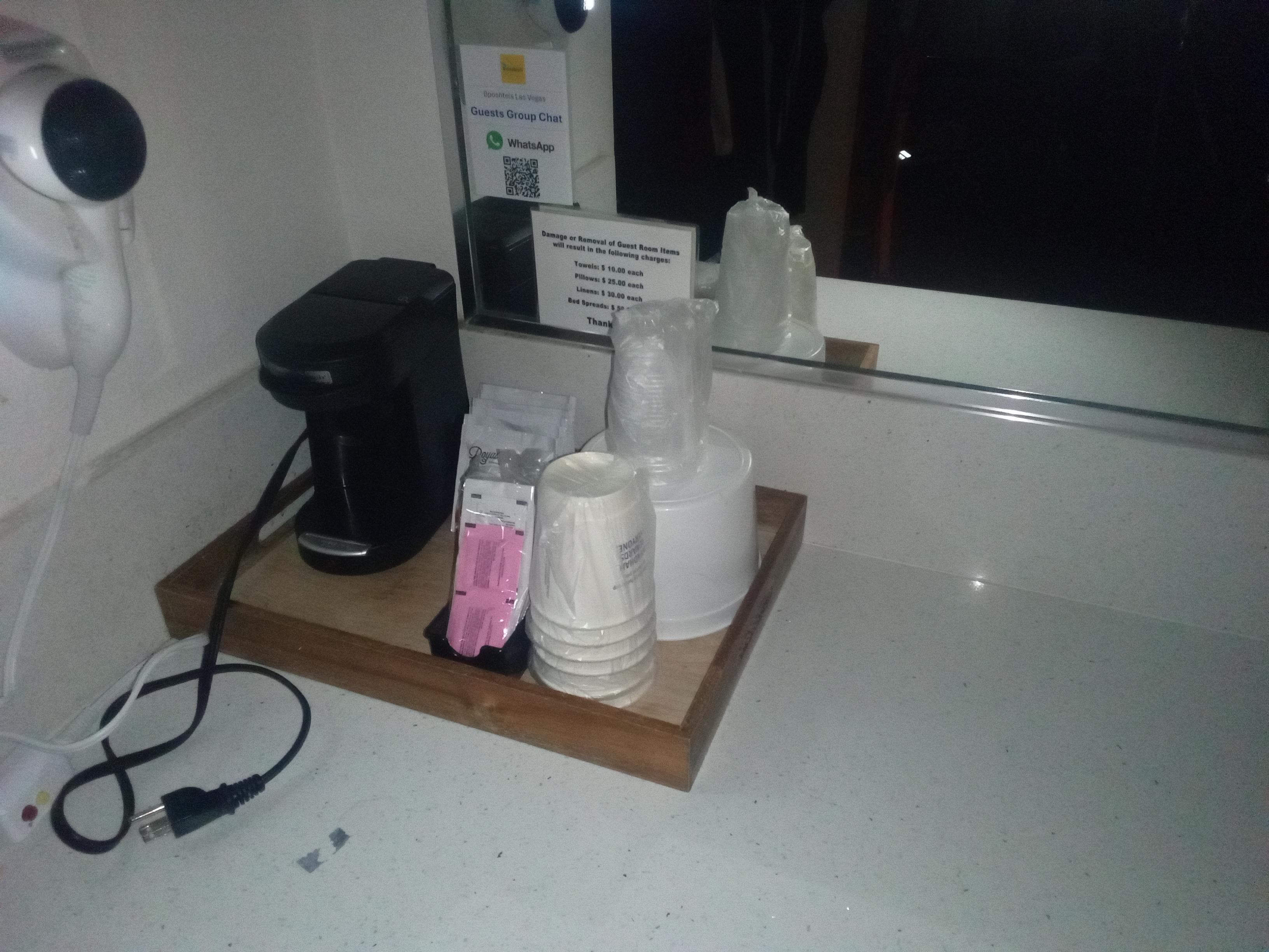 A coffee station with Coffee percolator. One sealed portion of Coffee per guest