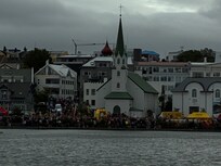 Looking across the Tjurnin at the crowds for the Reykjavik marathon