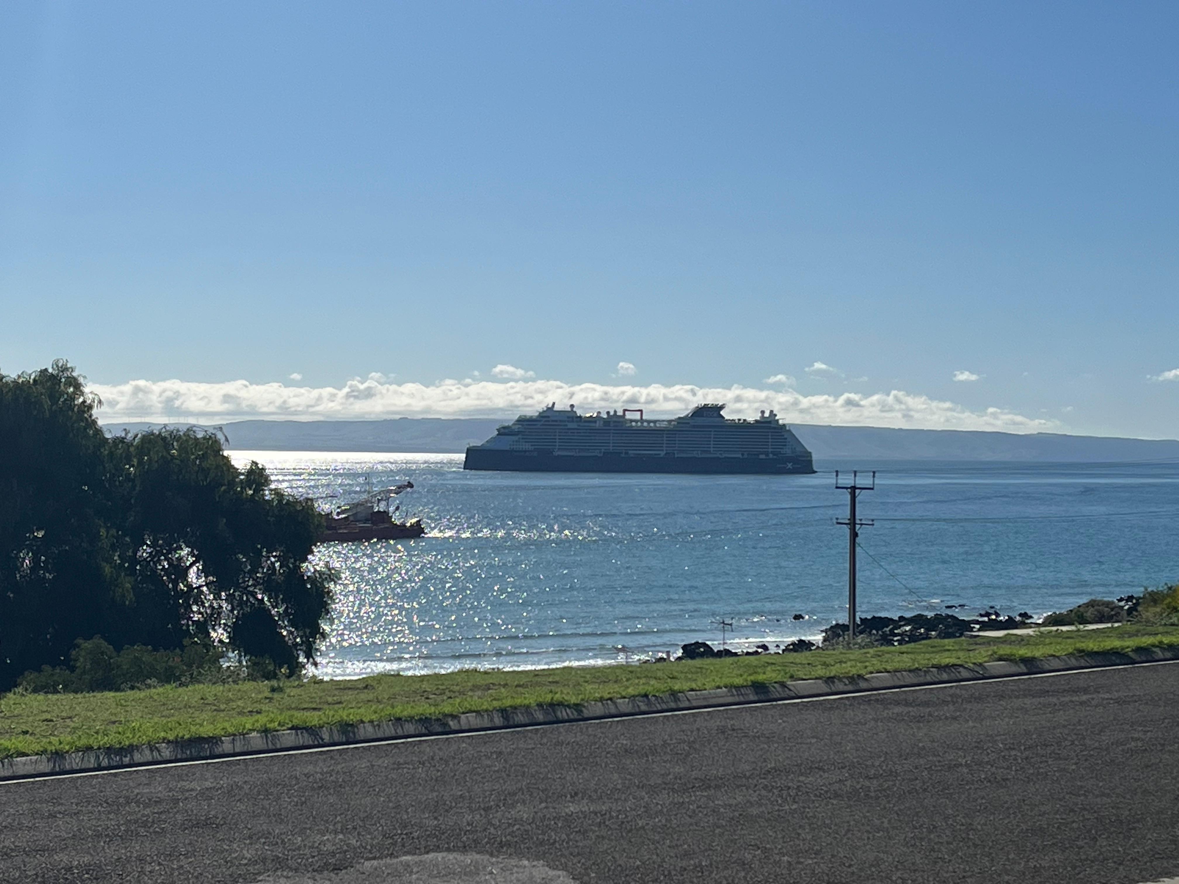 View from the verandah as a cruise ship leaves in the evening. 