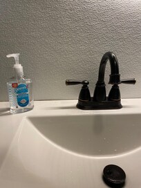 No soap offered only hand sanitizer in the bathroom.