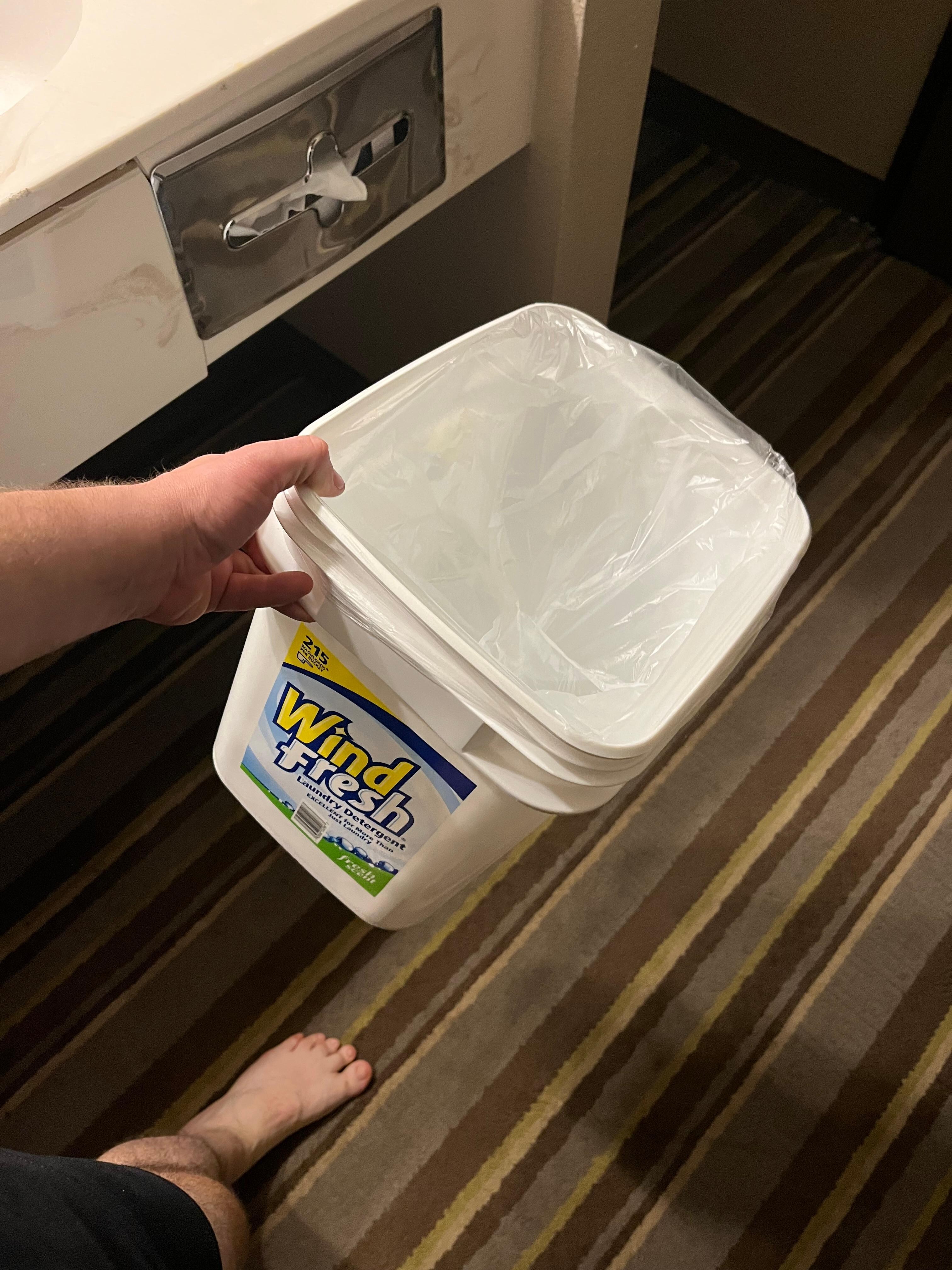 This was our trashcan. A commercial laundry detergent bucket