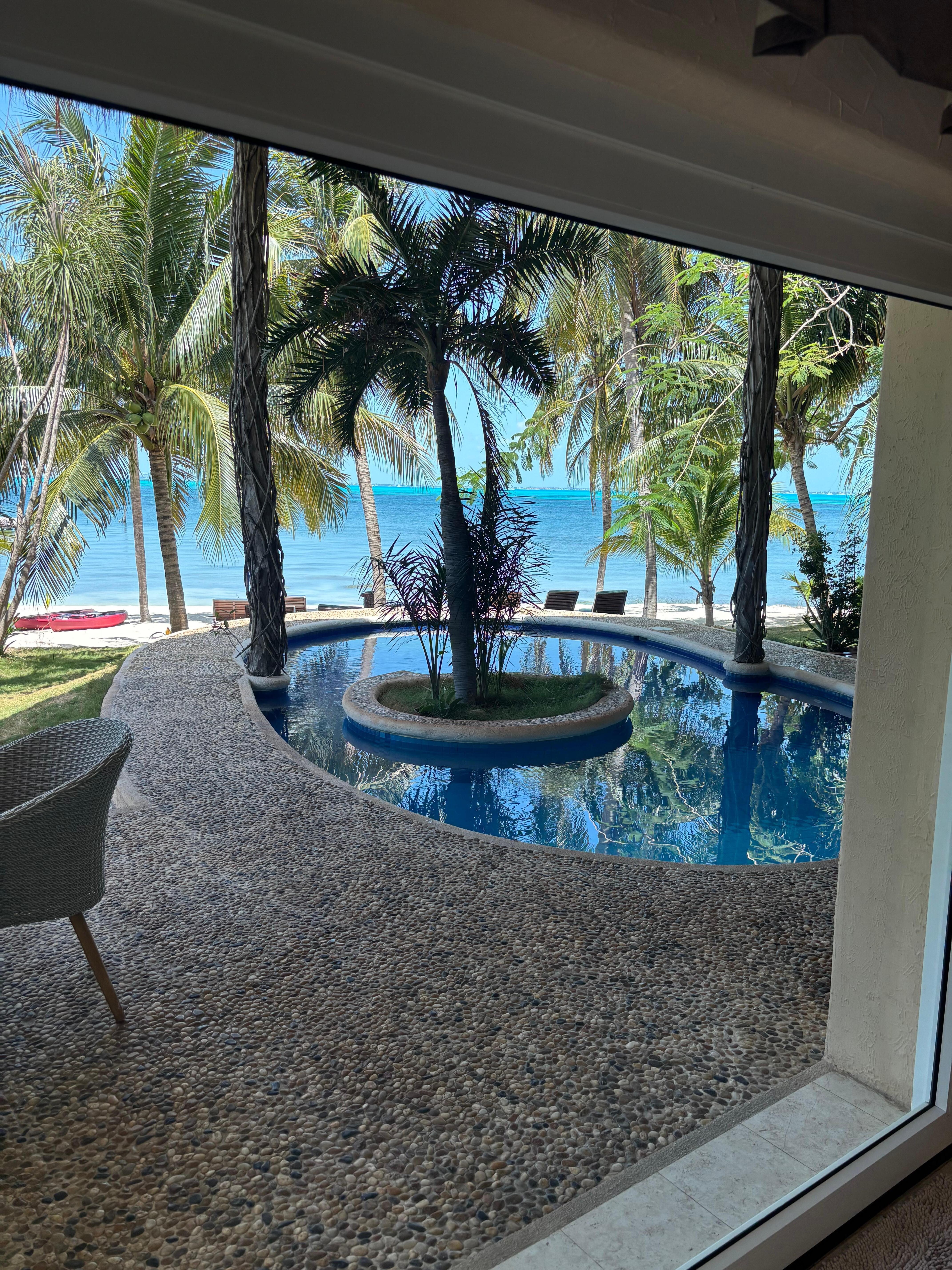View from the living room looking out into the backyard and private beach area. 