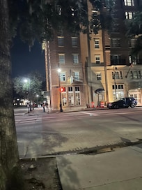 View of hotel from across the street at night