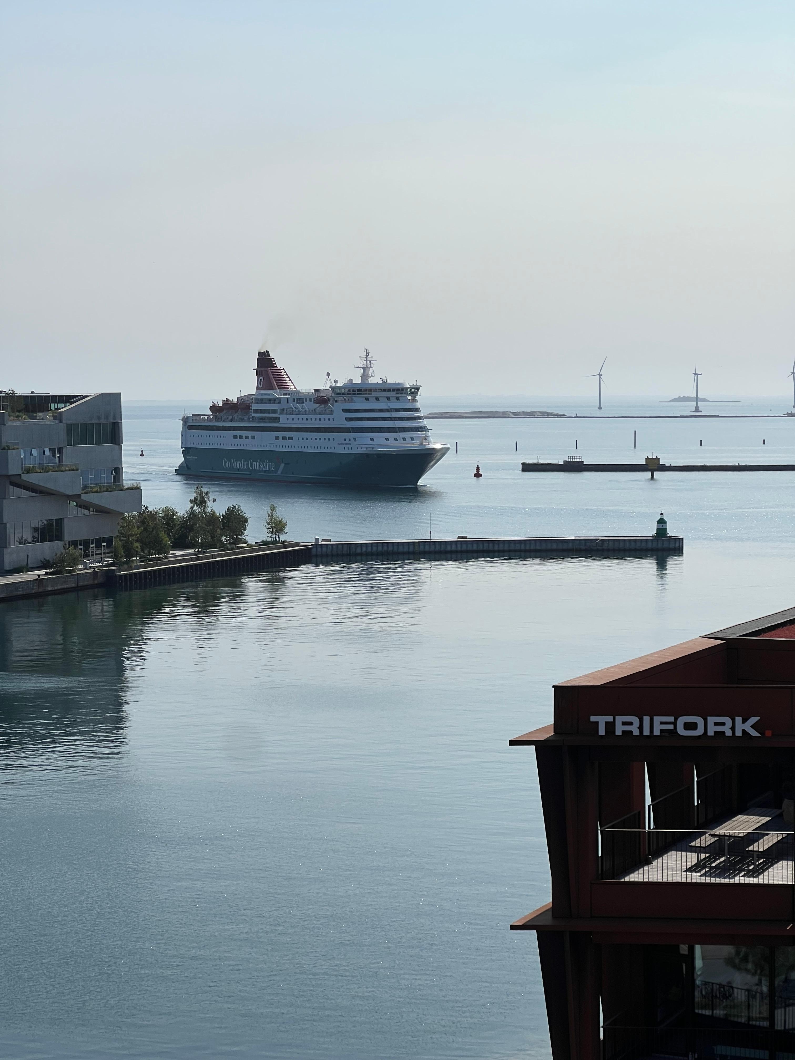 View from top of play area/carpark of cruise ship docking.