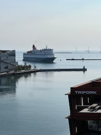 View from top of play area/carpark of cruise ship docking.