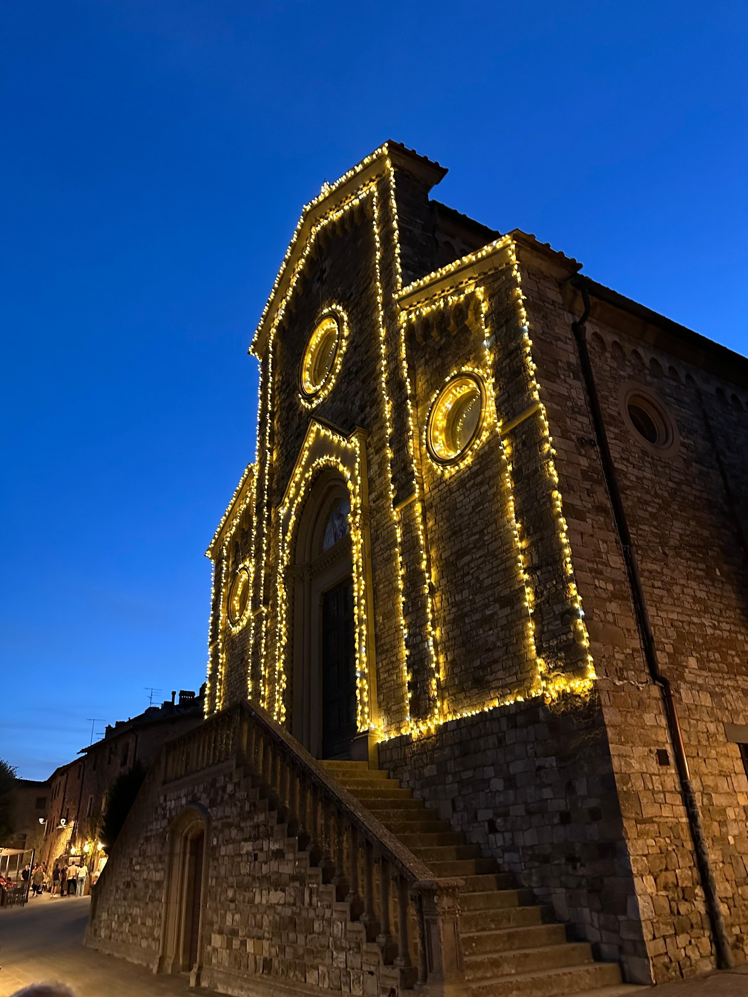 Church lit up at night