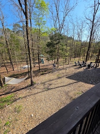 The backyard is so peaceful and it backs up to the woods. Plenty of entertainment for the kifs.