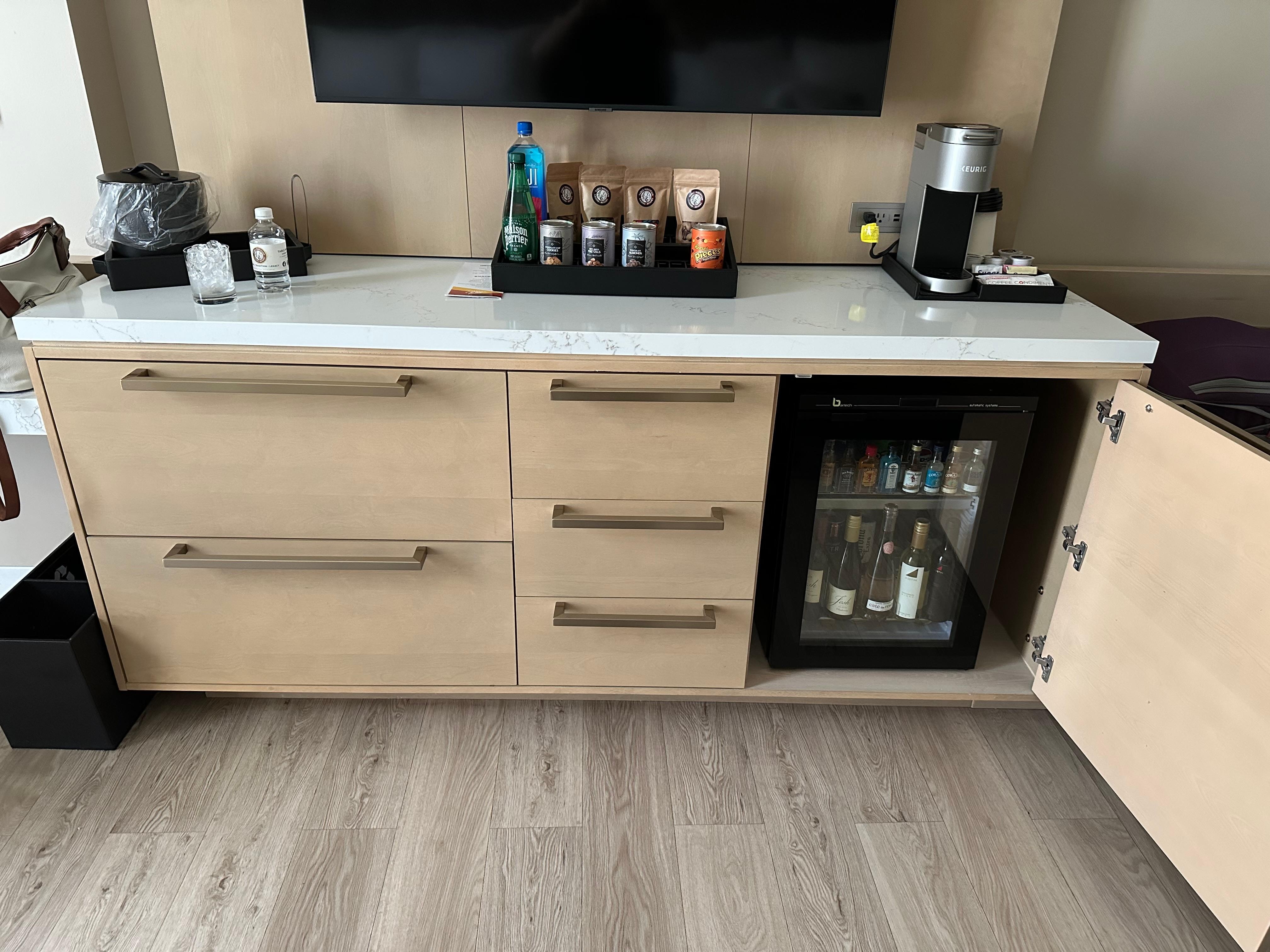 Fully stocked Fridge, snacks and beverages 