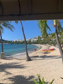 View looking down the beach towards the condo from Sangria’s restaurant.