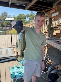 Caught two bass right from the deck! My youngest caught numerous bluegill that would be named and returned to the water :)