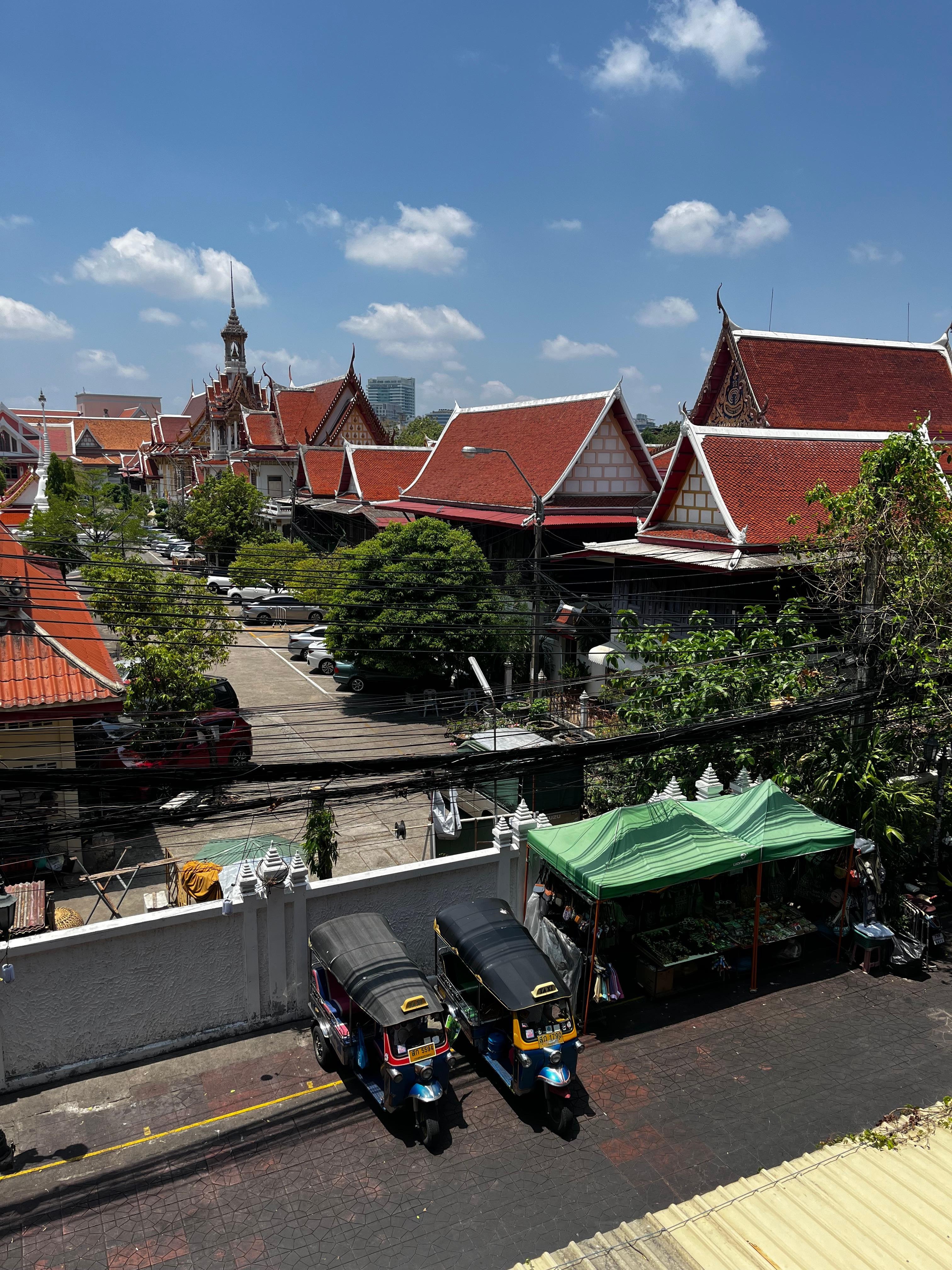 View from large room window into adjacent Wat with the chickens!