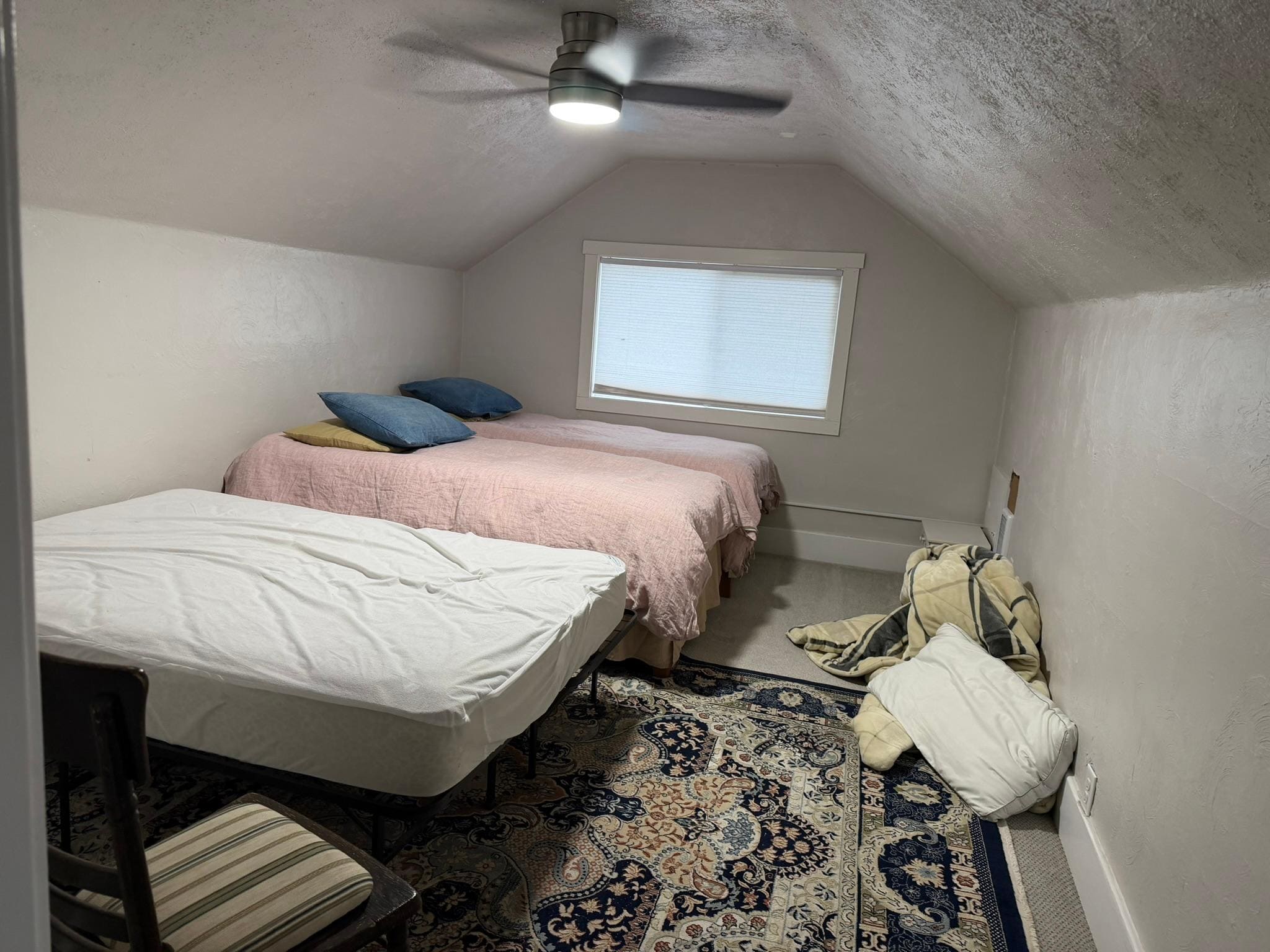 Upstairs bedroom with full and two queens has different layout than pictured in description. Has Pack&Play and some toys in closet. 