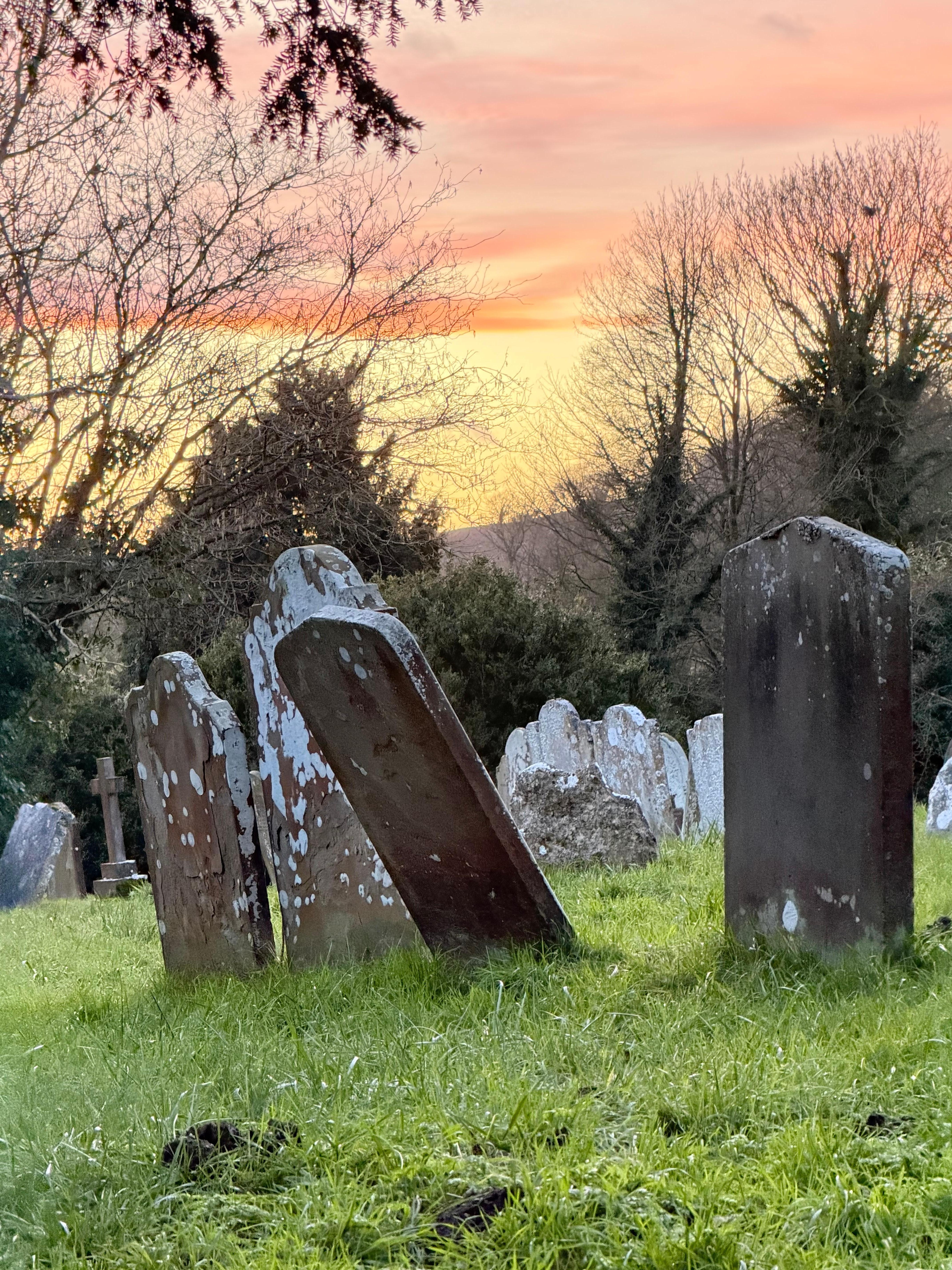 The village churchyard and gorgeous sunset.