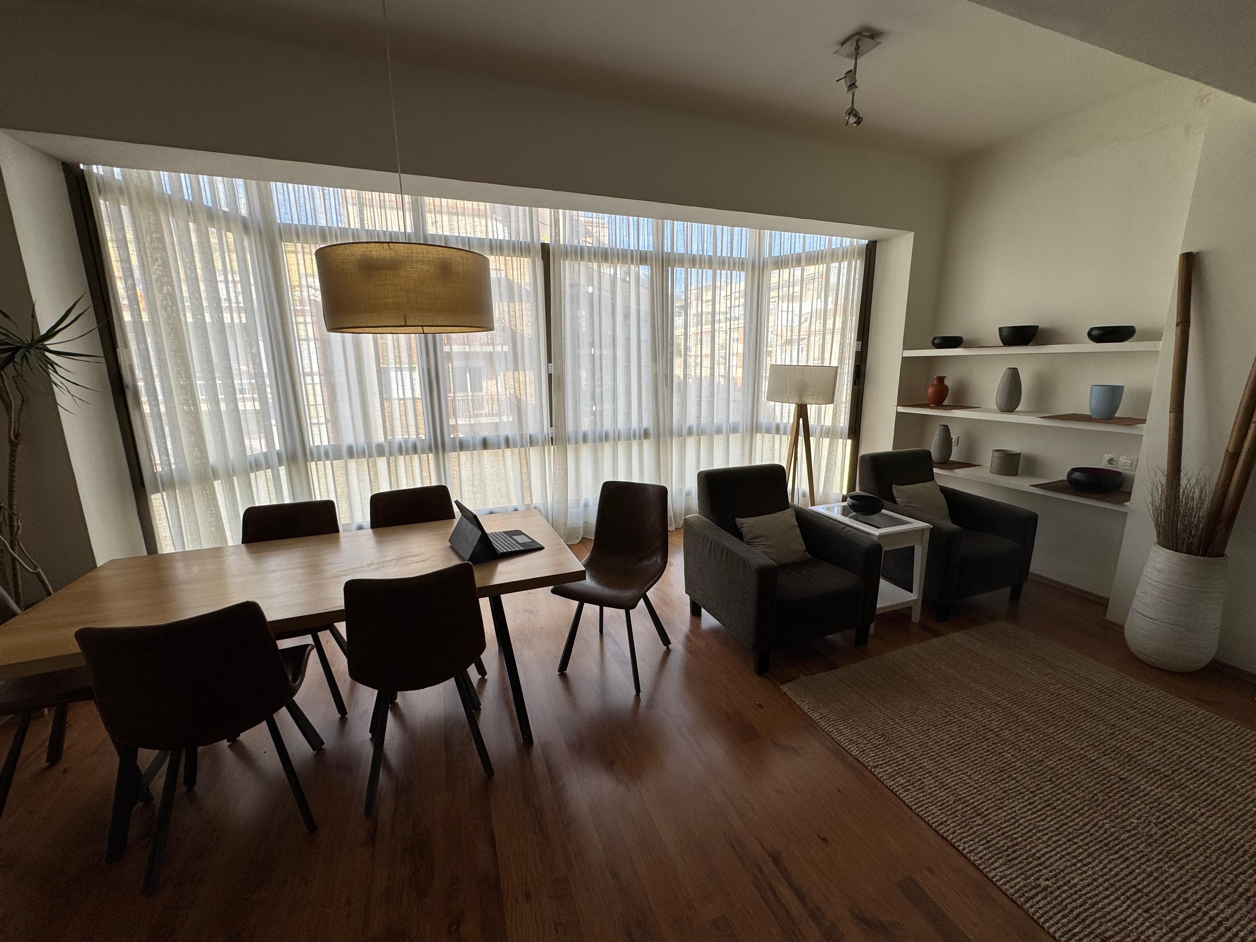 Dining area with view of city streets 