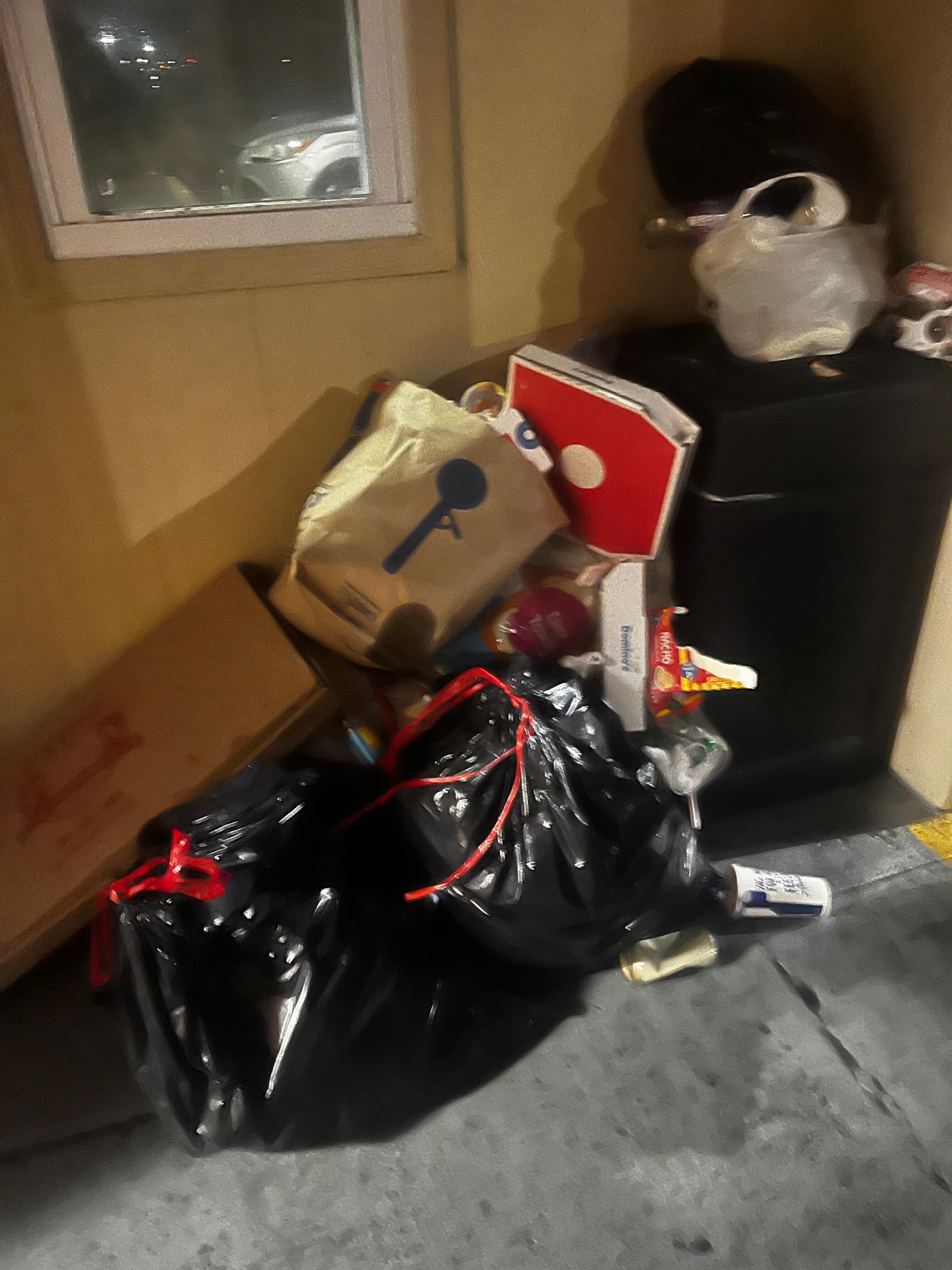 Here’s the pile of trash when I walked in to go to my room. This is unacceptable. It looks like a trap.