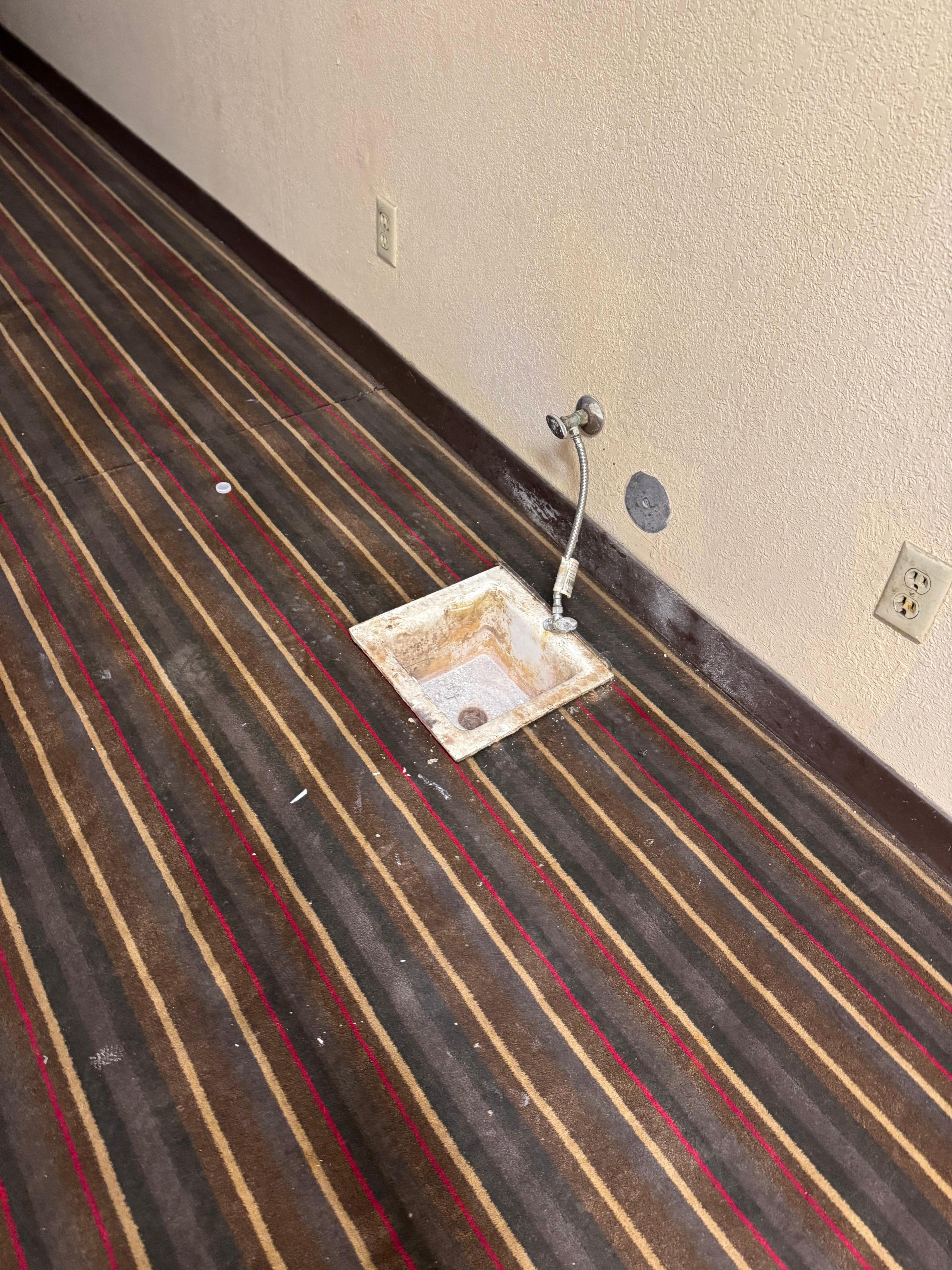 Broken plumbing on the floor of main hallway. 