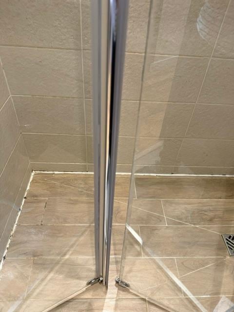 Broken shower door and moldy shower