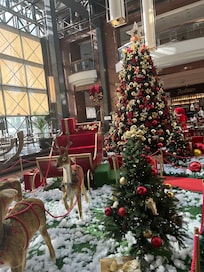 Lobby decorated for Christmas.