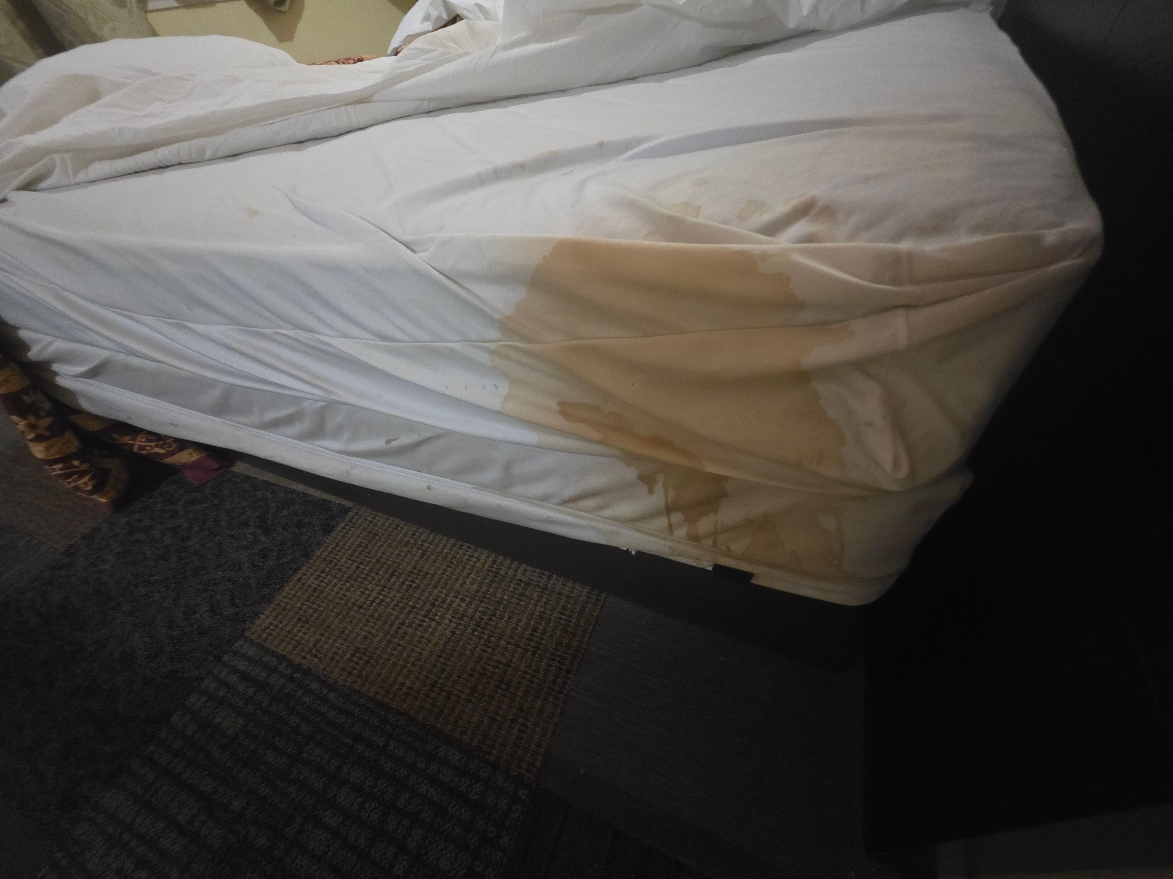 A gigantic brown stain on the sheets.