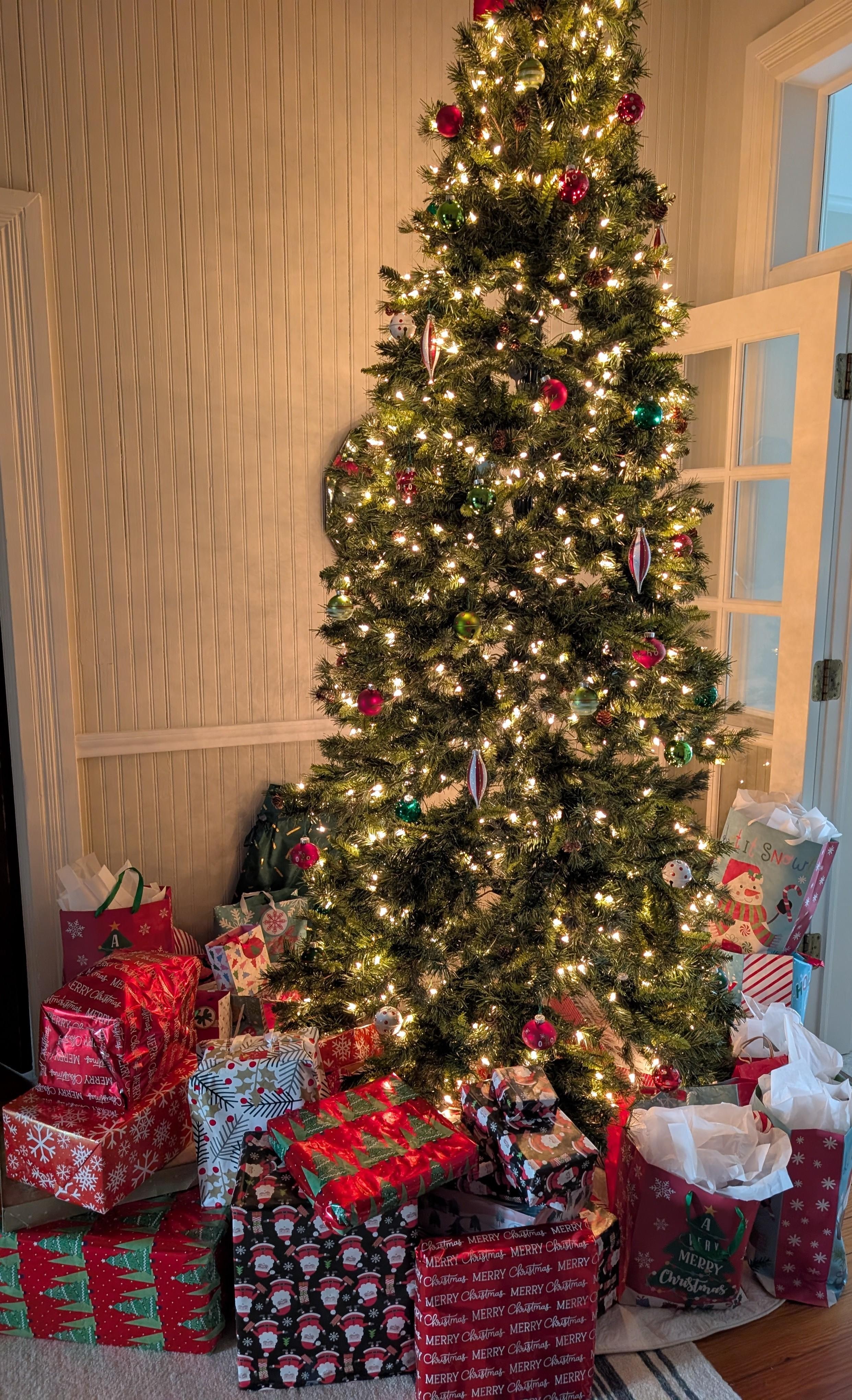 The lovely Christmas tree we surrounded with the Christmas gifts we brought with us
