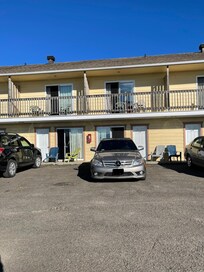 View from seating area at back of building