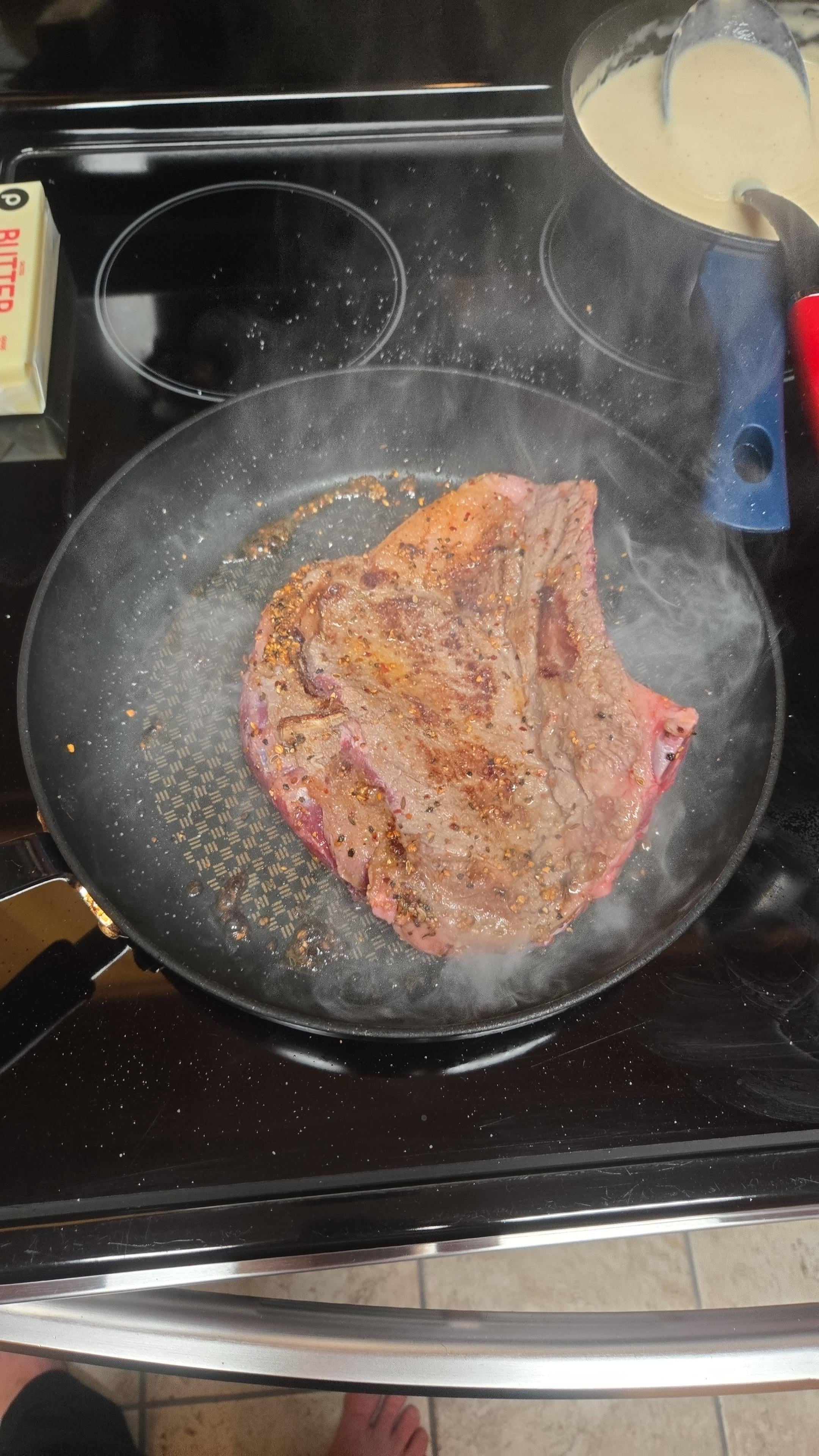 Steak cooked in Cabin on provided skillet