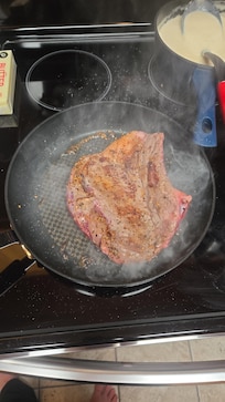 Steak cooked in Cabin on provided skillet