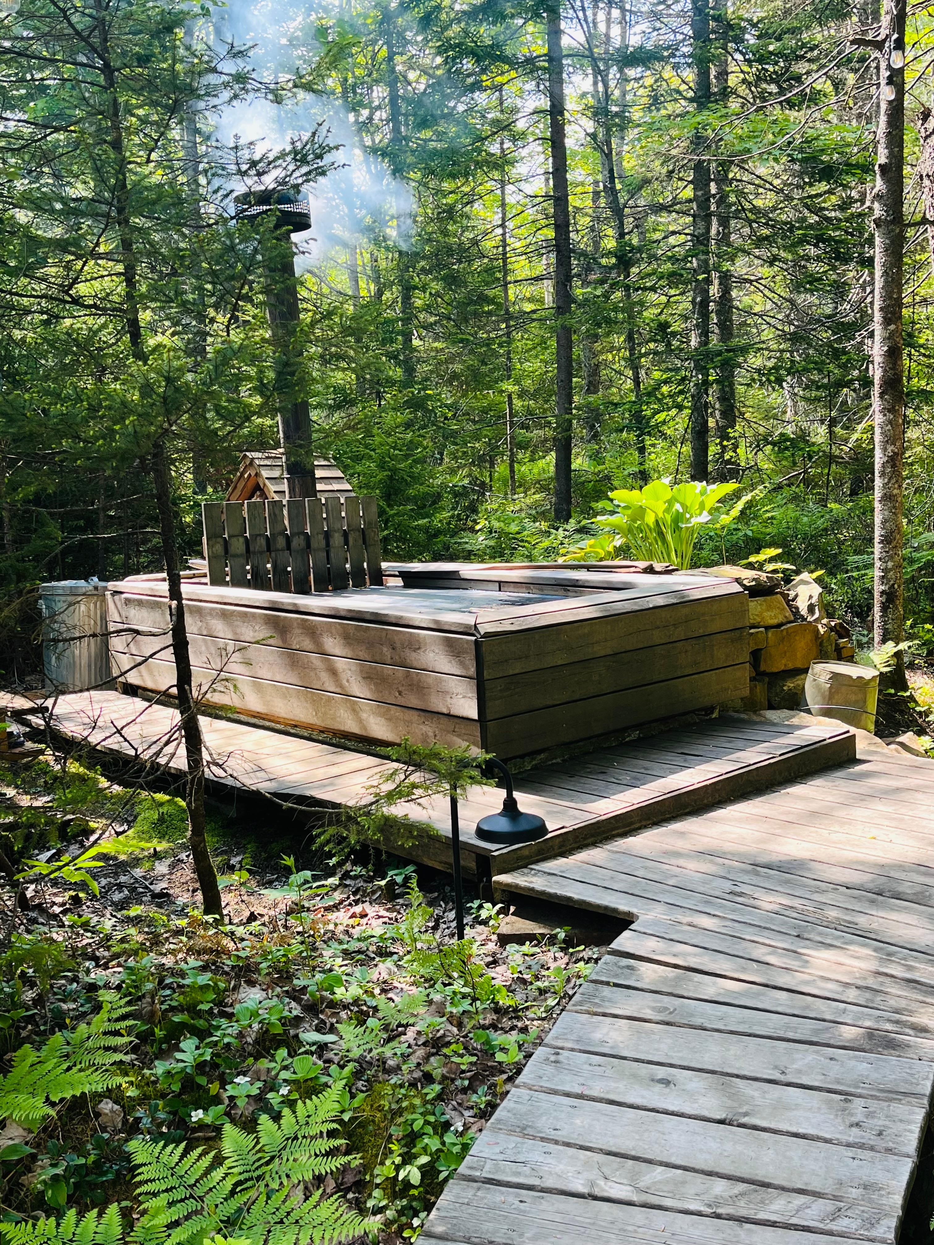 Wood heating hot tub . 