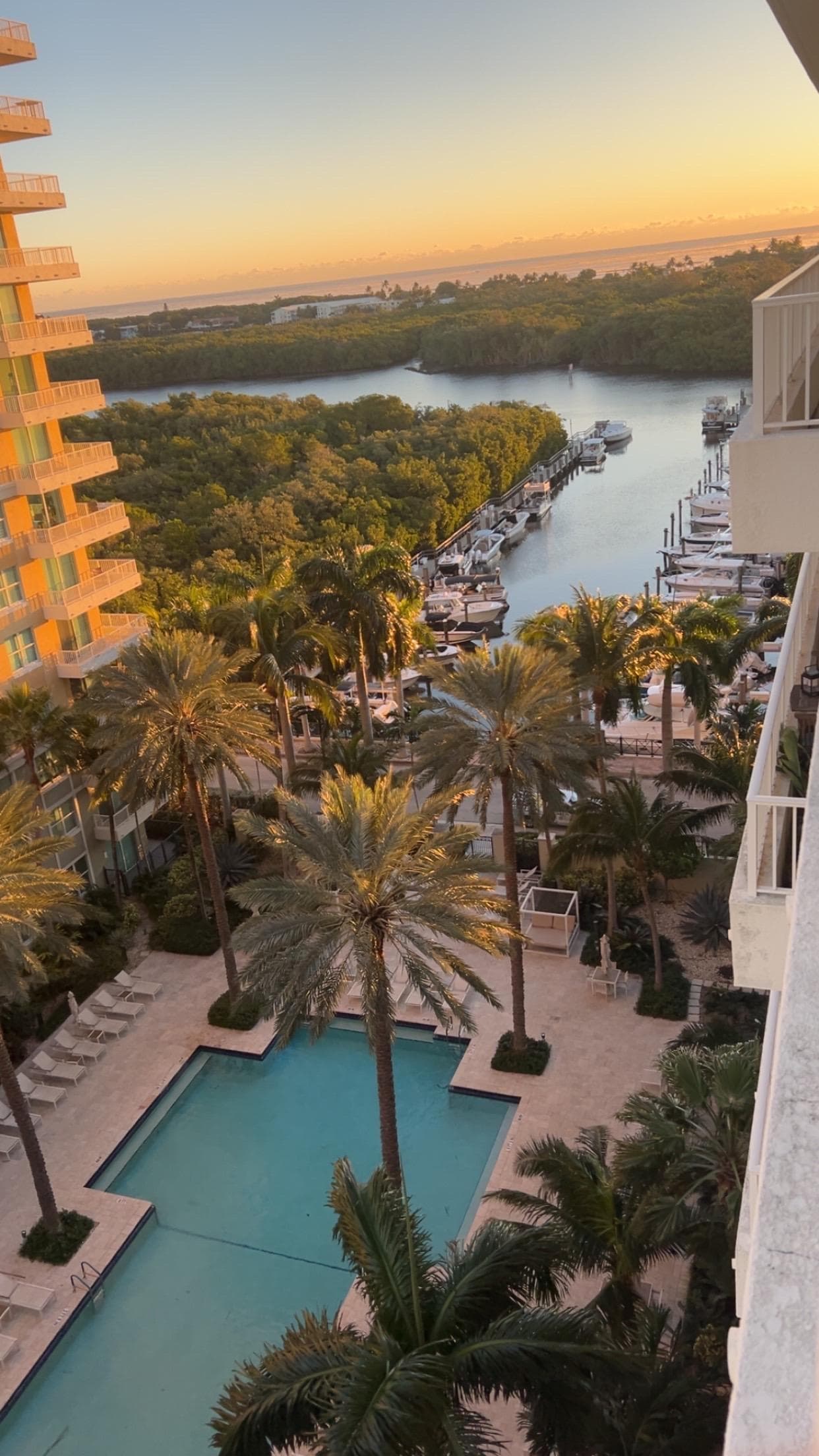 View from balcony at sunset.