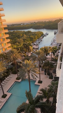 View from balcony at sunset.