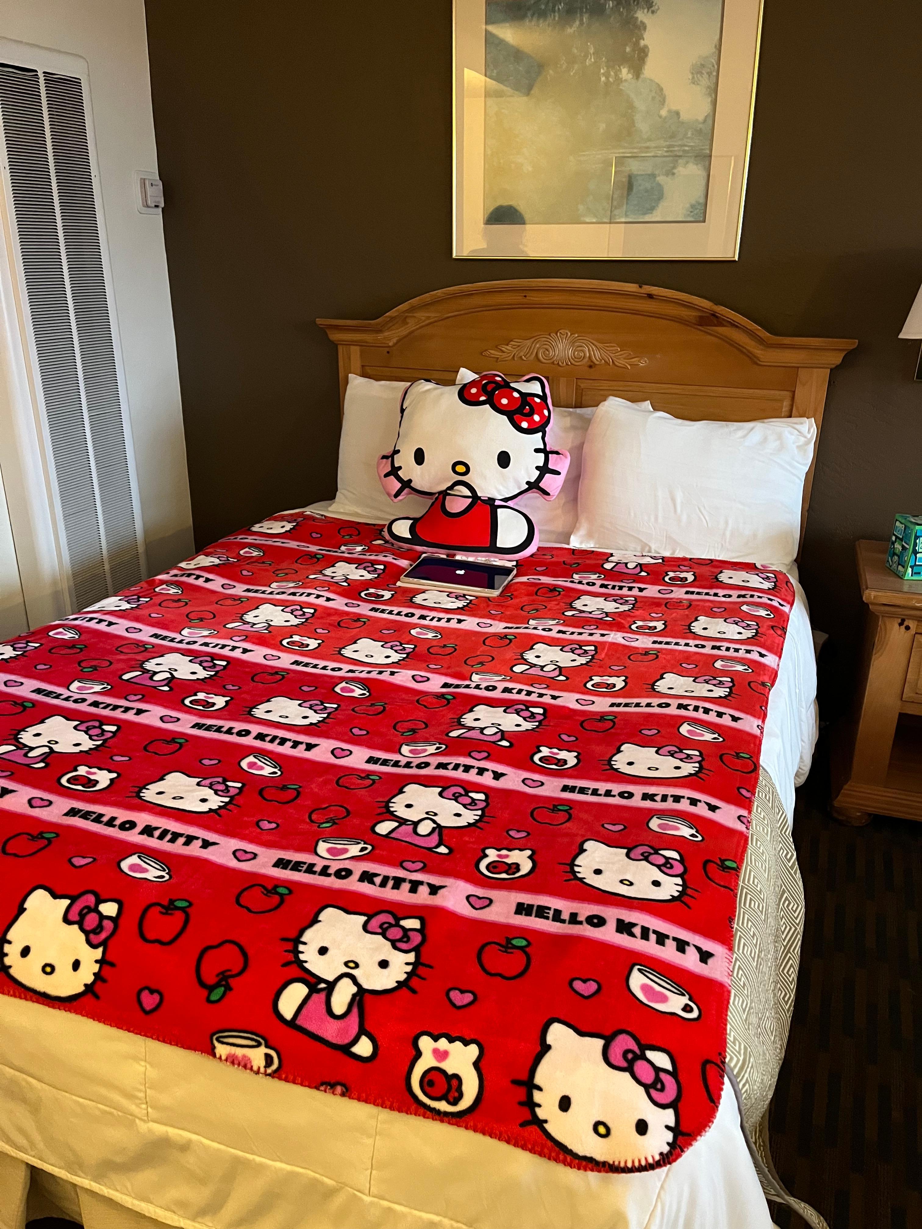 Queen bed with hello kitty throw(from home)