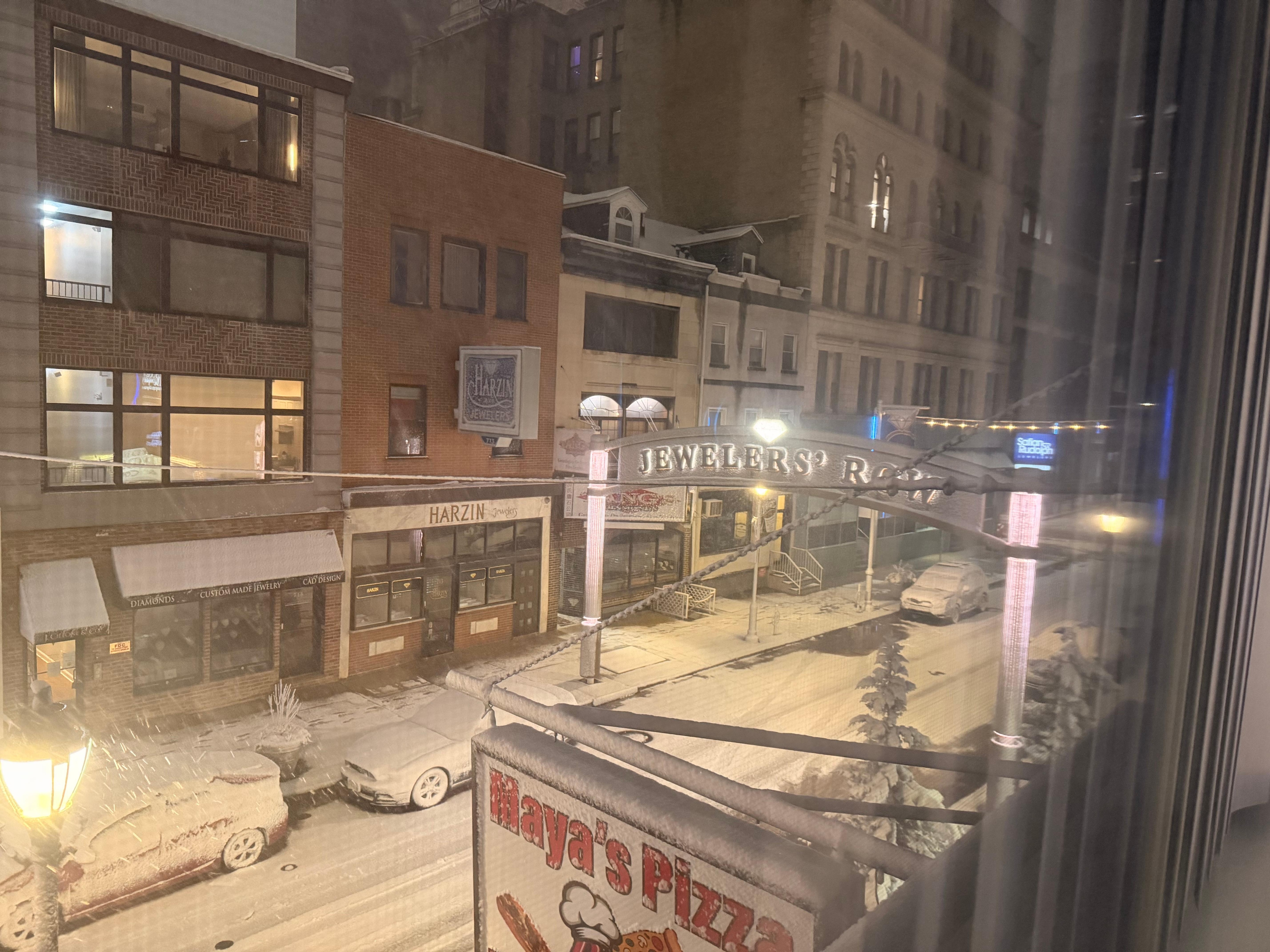 I went in February March so there was snow. But it was cleared and salted. This is outside the big windows. It’s safe because there are police officers patrolling the area at night. 
Sushi across the street and Pizza next door. 
I’ll stay again here