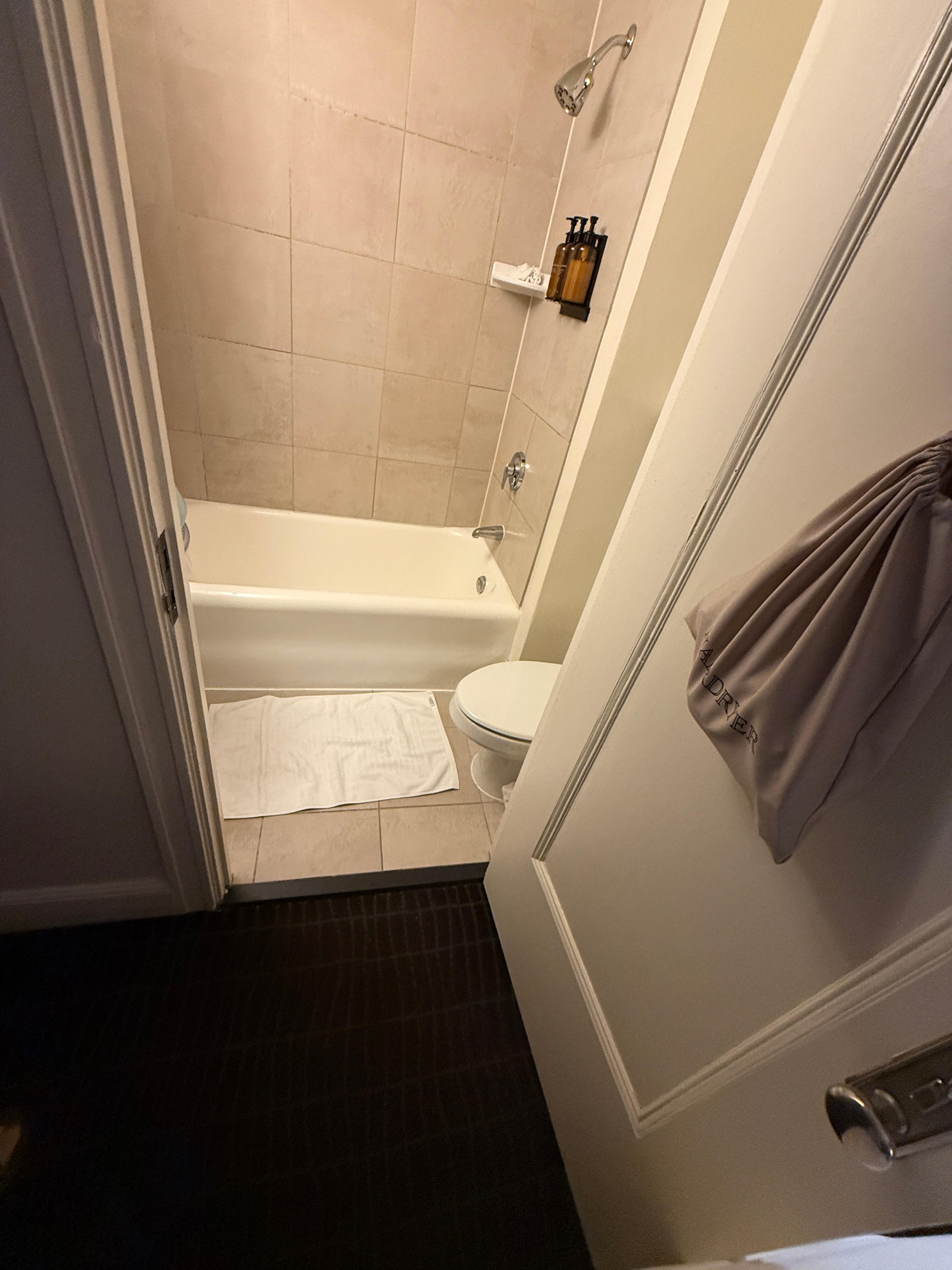View of bathroom door touching bed and desk