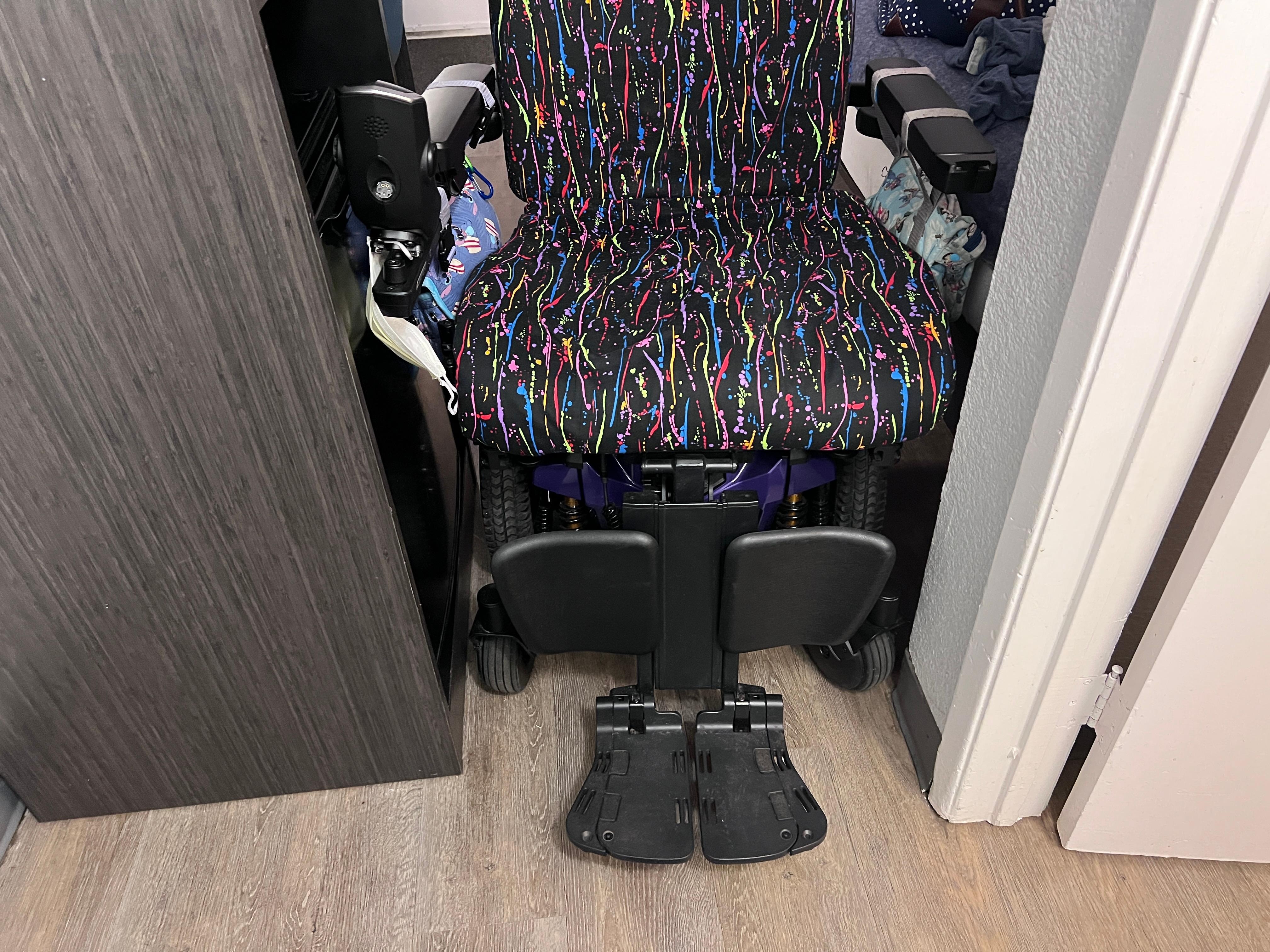 I know my chair is big, but it is within the norms for a wheelchair. But there was no getting into the bathroom with this bad boy.