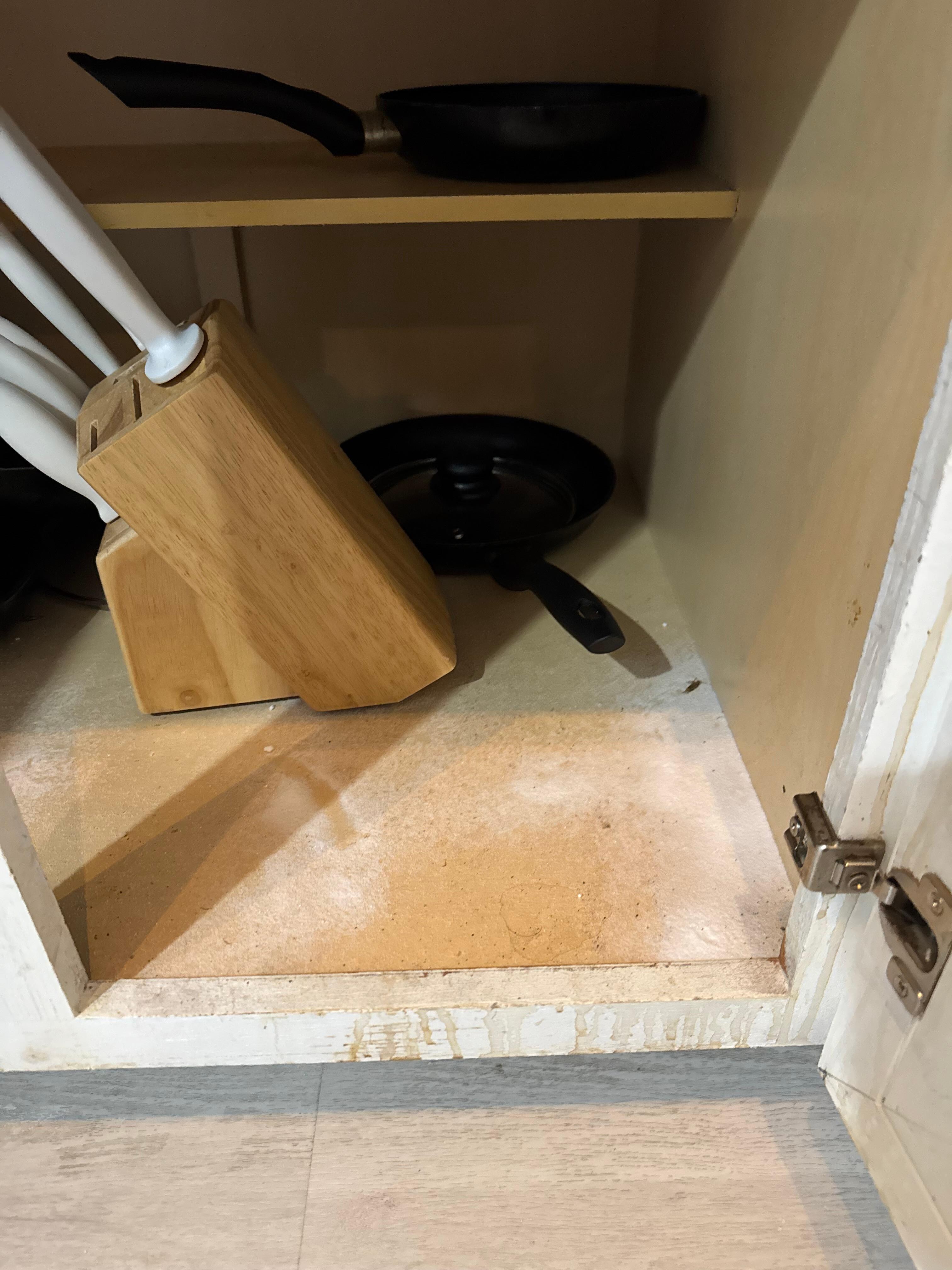 Insecticides sprinkled all inside a dirty cabinet with cooking equipment
