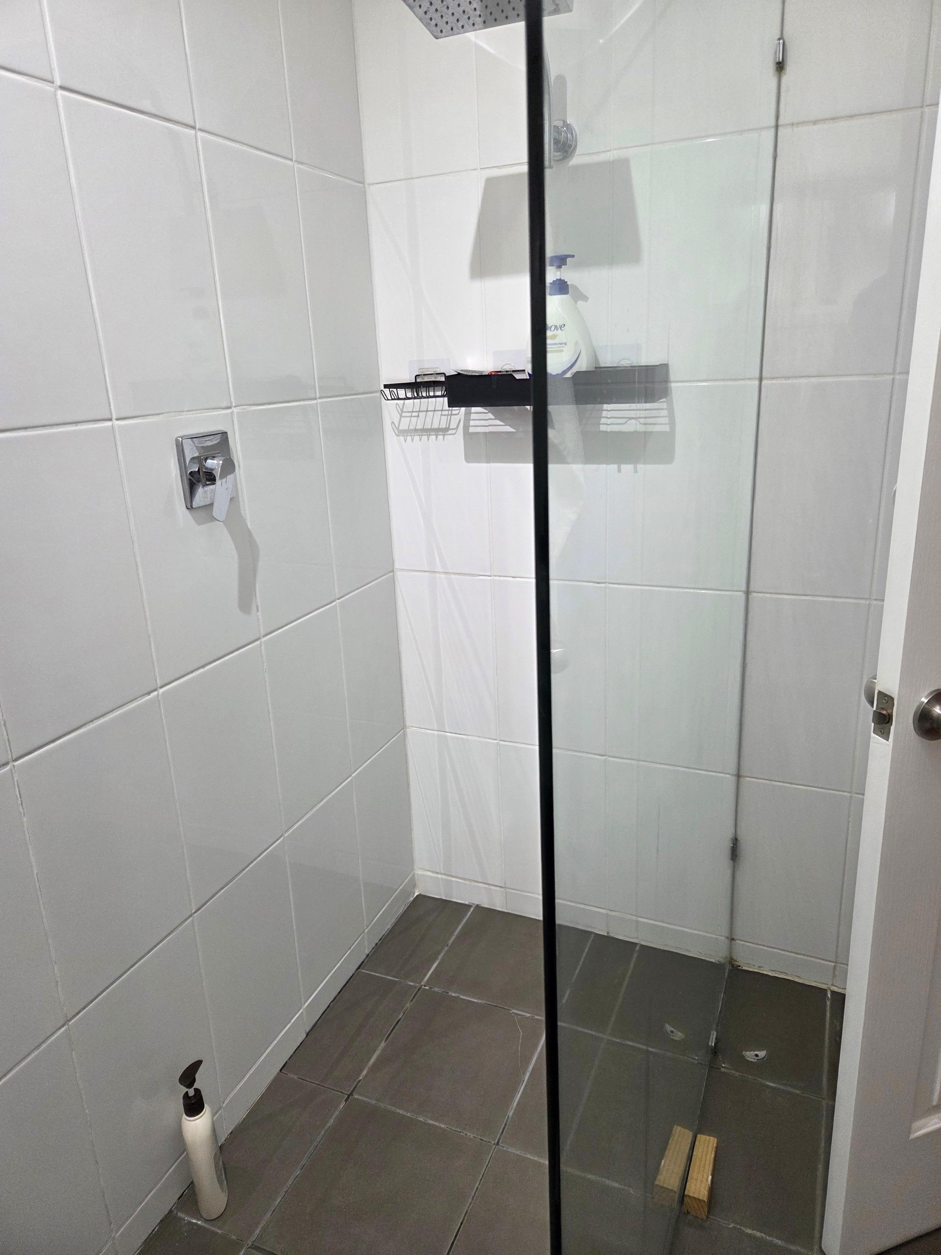 Great shower,accessible with no step in. Massive vanity.