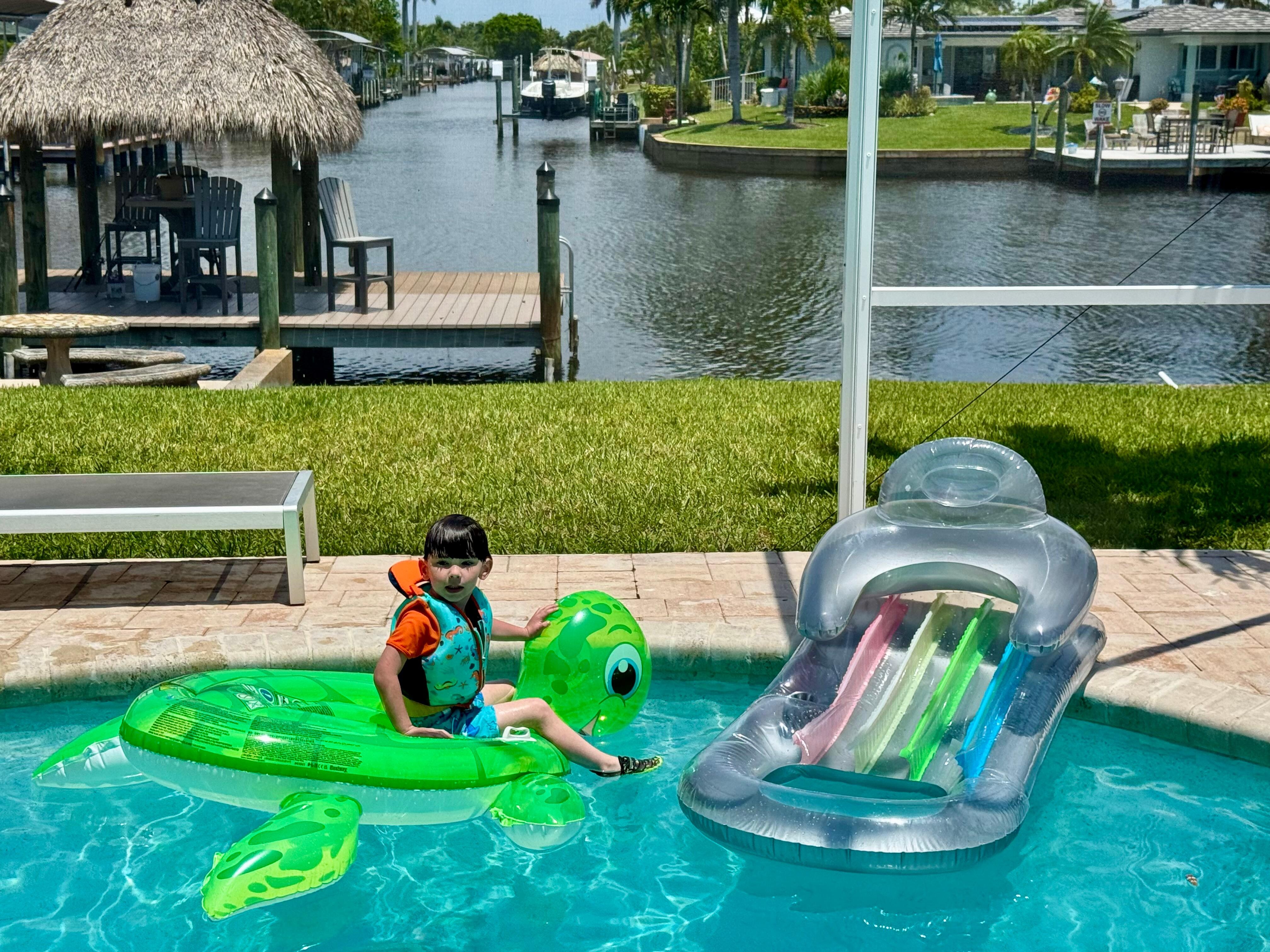 Enjoying the home’s pool. Grandson lived in the pool.