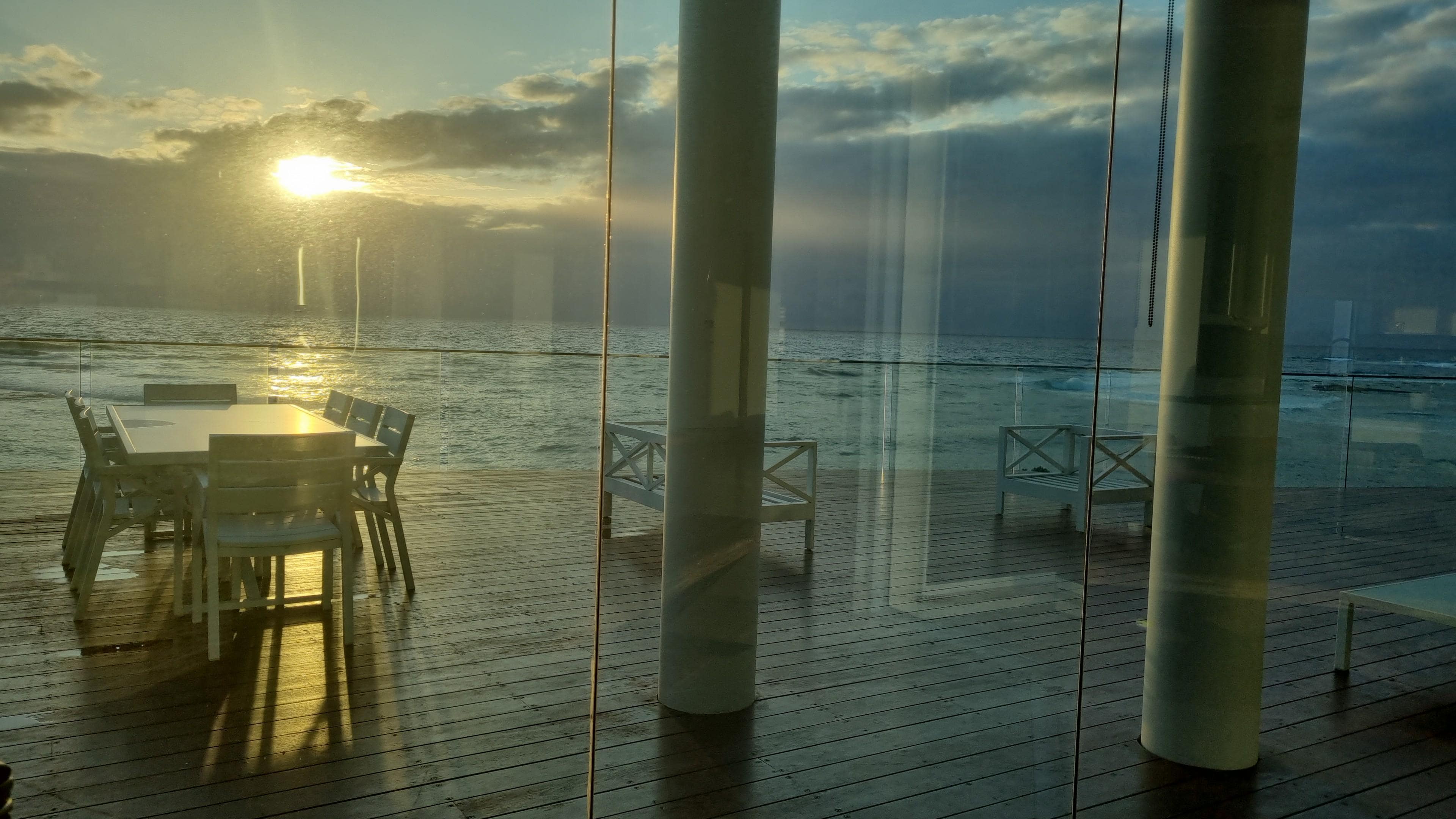 Just seps from the balcony.