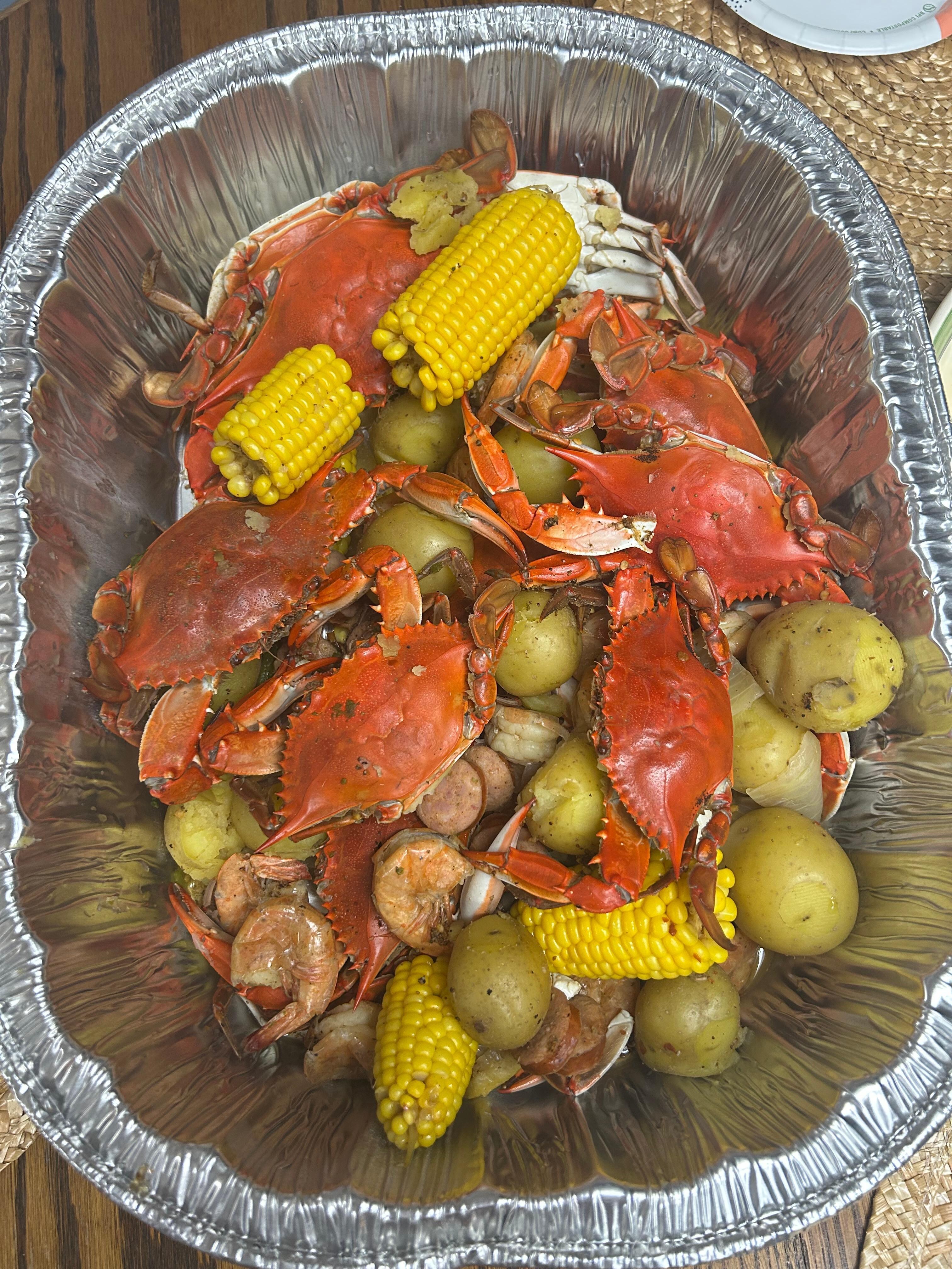 Crab boil with fresh caught blue crabs. 