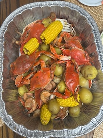 Crab boil with fresh caught blue crabs.