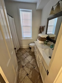 Beautiful bathroom with the thickest towels ever.