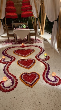 Birthday Dinner Setup with a lovely fresh flower floor display