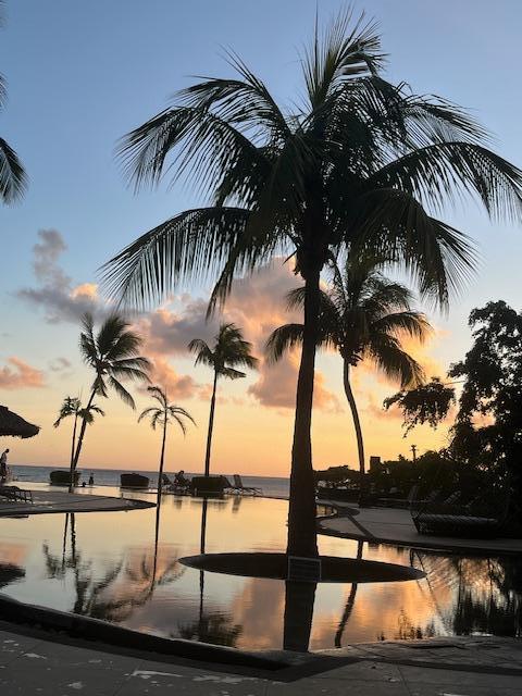 Vue de la chambre sur la piscine enfants et la mer