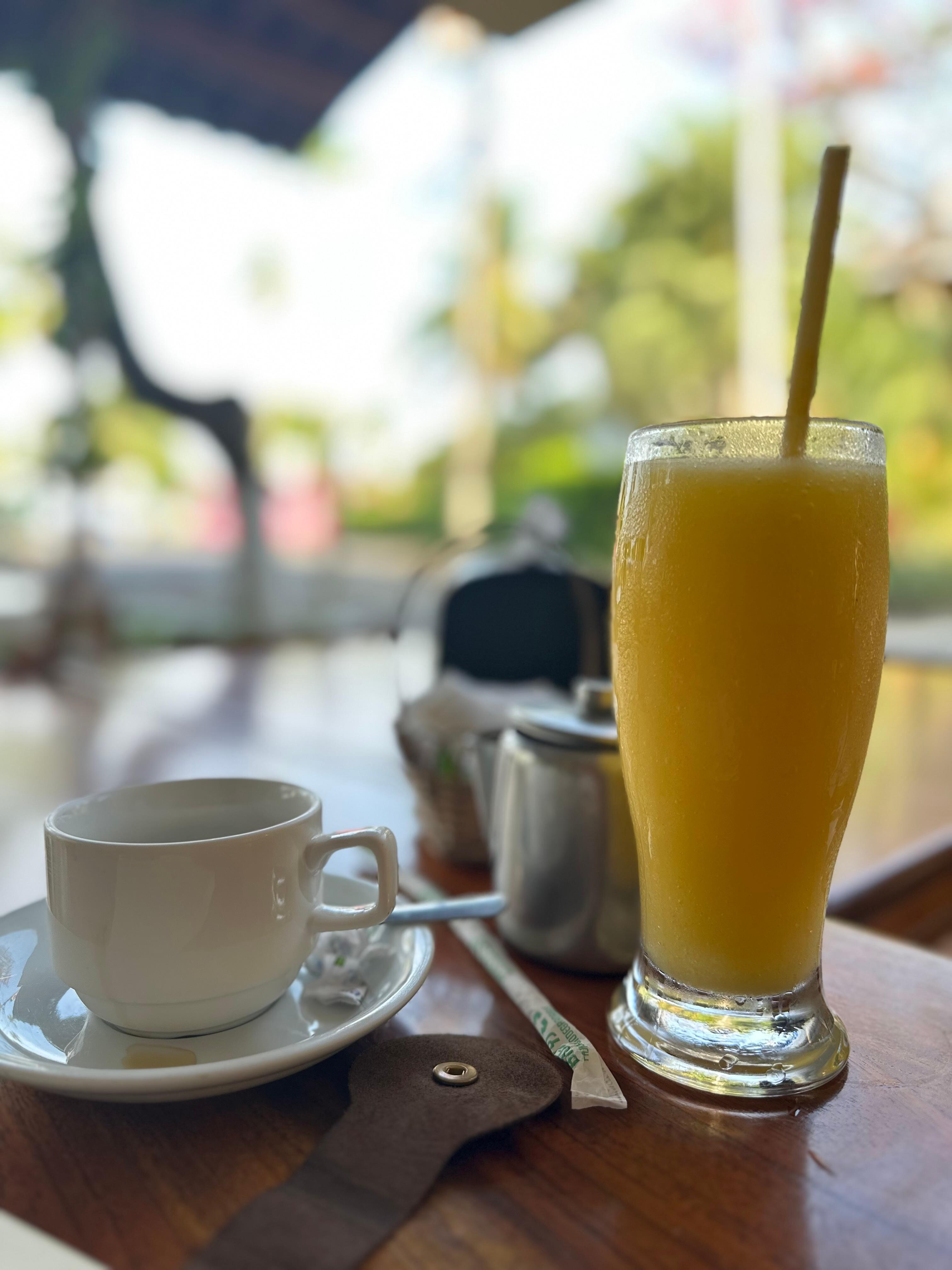 Morning coffee and mango smoothie at the restaurant next to the hotel. Edgar is a great server 