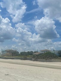 View of homes while sitting at the beach. Seagulls flying closely and even got to swim with a school of fish. 🐟 such an awesome experience with my family!