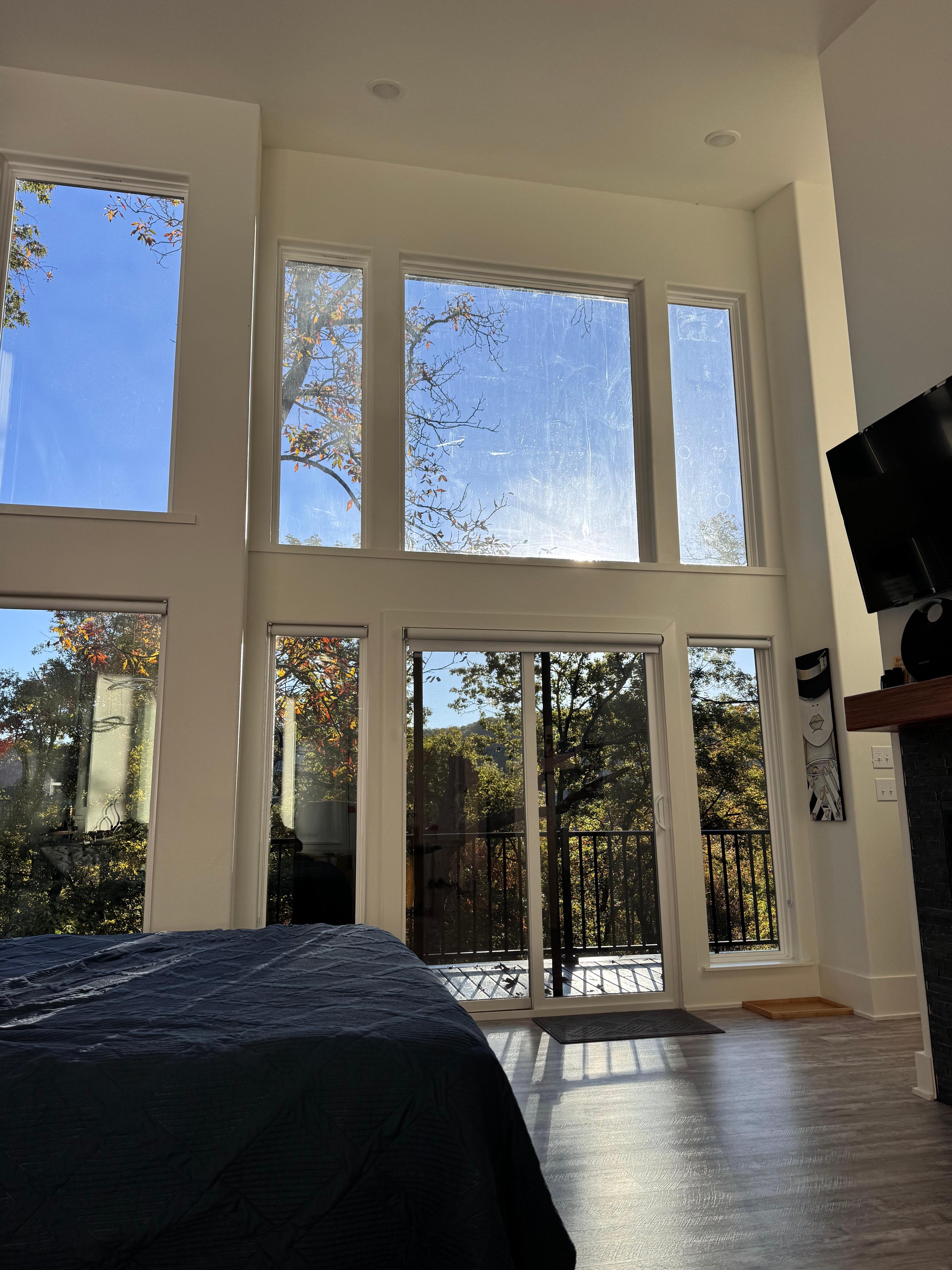 Beautiful view from the cozy yellow chairs with pullout footstools.