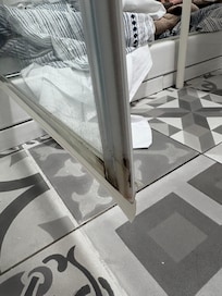 Be careful of the shower door. I cut my foot badly! Almost went to hospital.