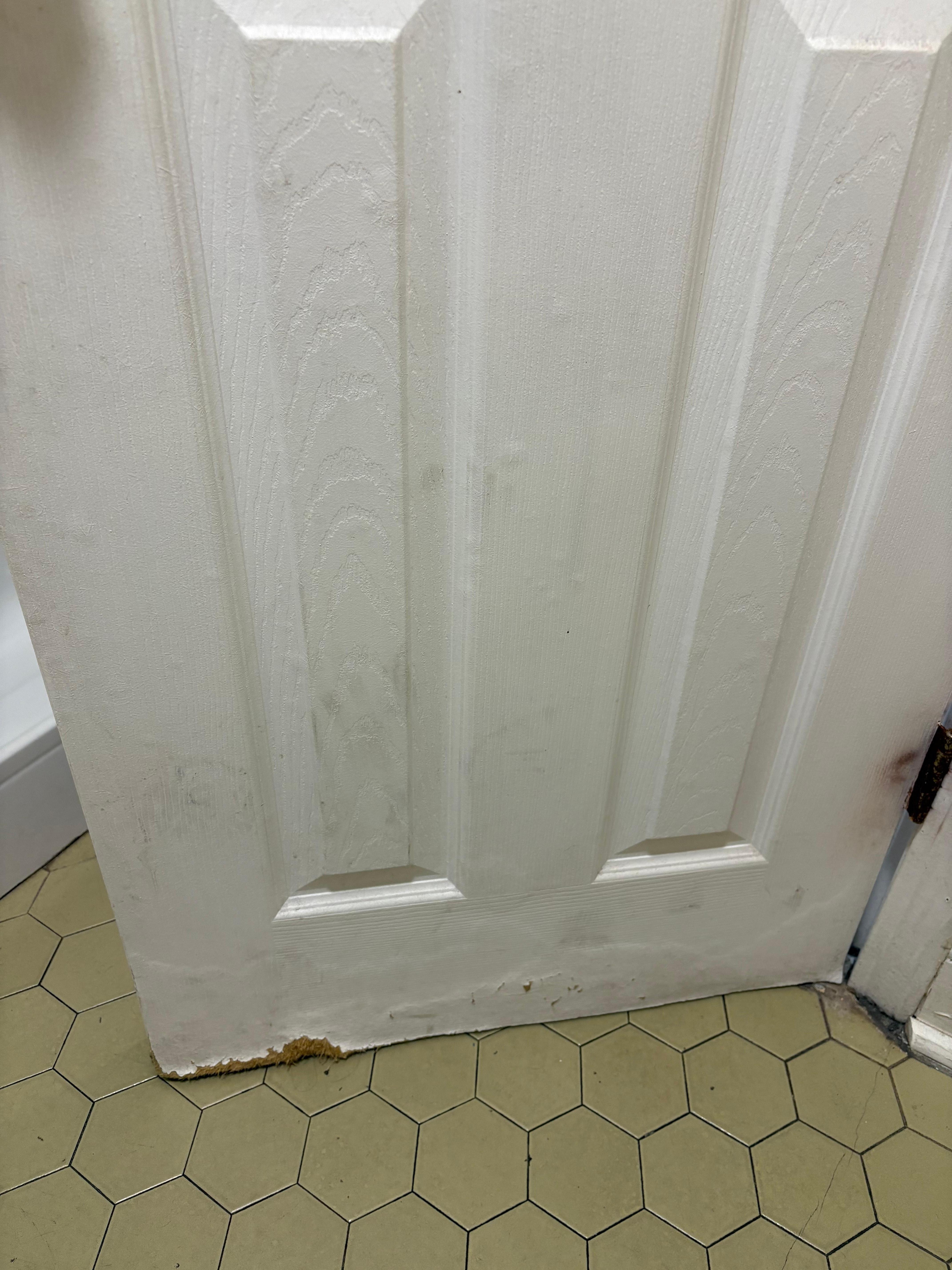 Water damage that had just been painted over. Similar action taken on base of walls in bathroom.